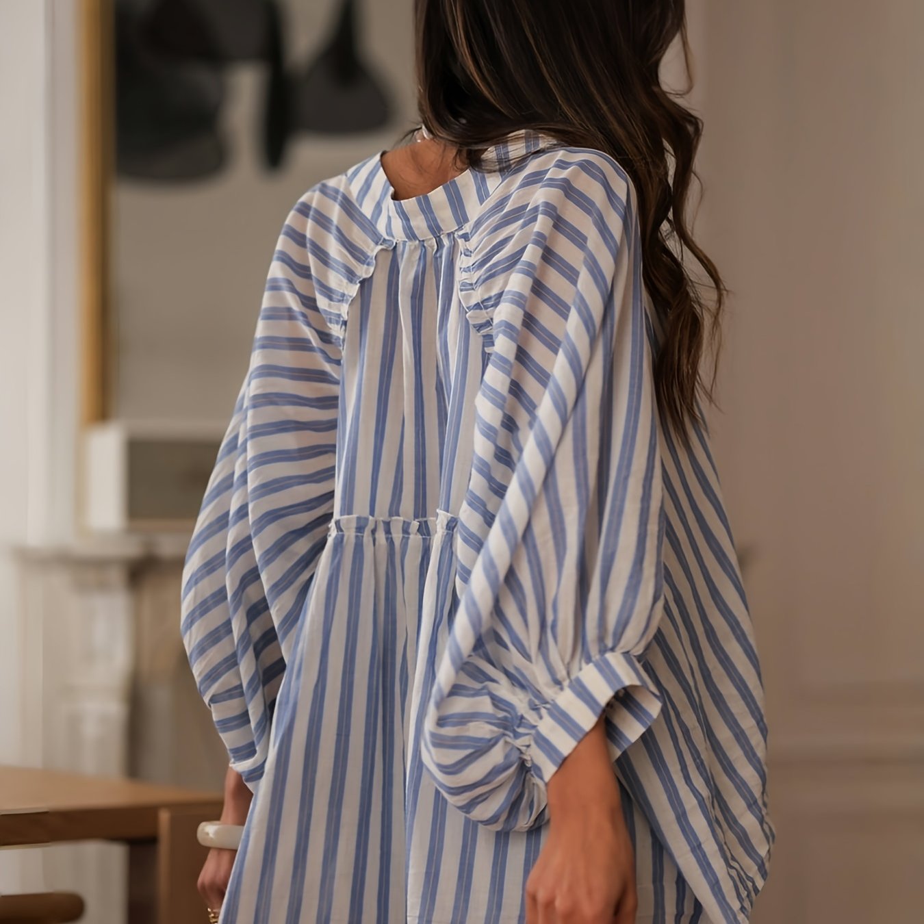 E-shop Damen Elegantes Bluse - Dreiviertel-Ärmel Shirt mit Halbtransparentem Rücken, Nicht Dehnbare Bluse für Büro, Party, Urlaub - Blau-Gelb & Weiß