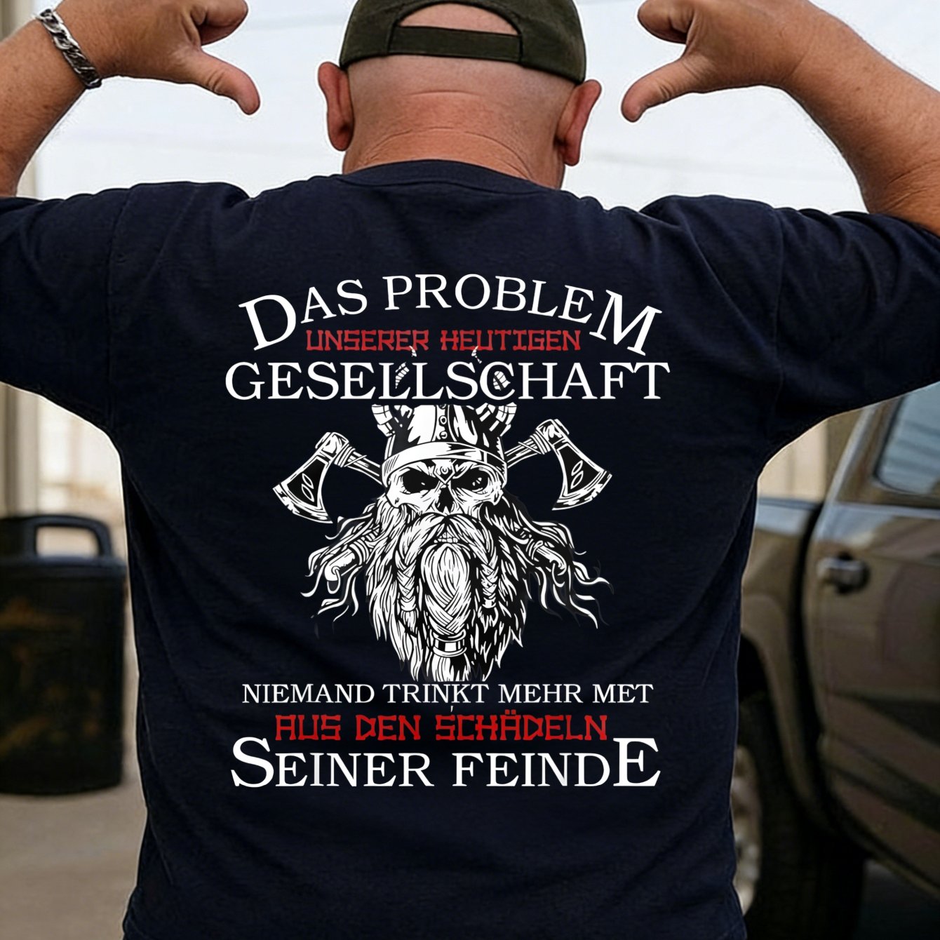 Men's Viking Skull & German Text T-shirt - Black Print, German Lettering, Round Neck Casual Shirt, Machine Washable Suitable For Casual Wear, Themed Events, Everyday Outfits - Male Apparel