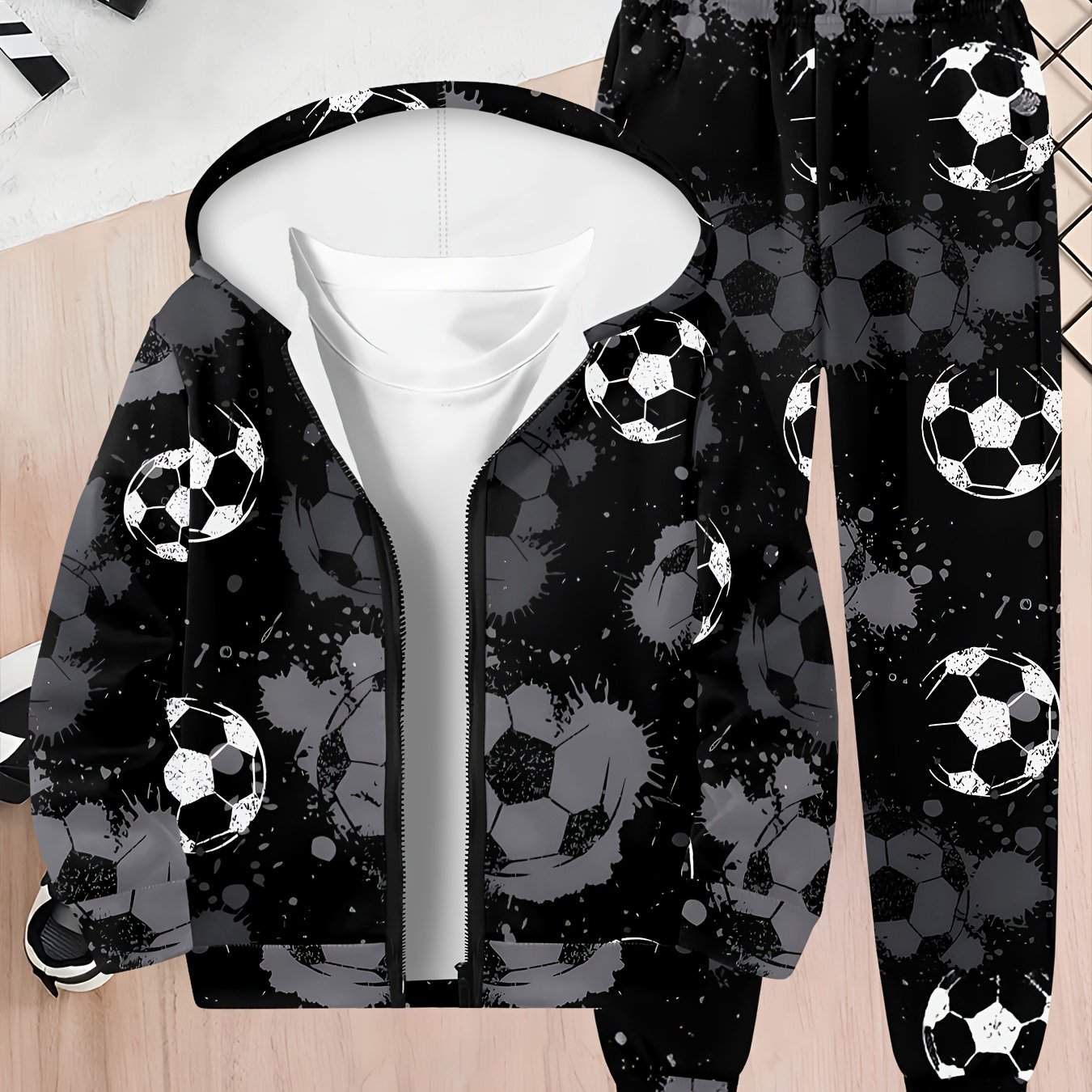 Image of 3d Print Cool Print Boys' Jacket And Trousers Suit For Autumn And Winter Hooded Zipper Cardigan And Trousers Fashion Daily Casual Long Sleeve Sportswear, For Outdoor