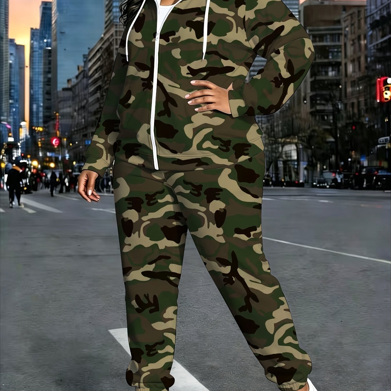 TEMU Plus-size Women's 2pcs Sportswear Set: Camouflage-printed Zip-up Hooded Jacket + Elastic-waist Jogger Pants, Casual Sportswear Outfit
