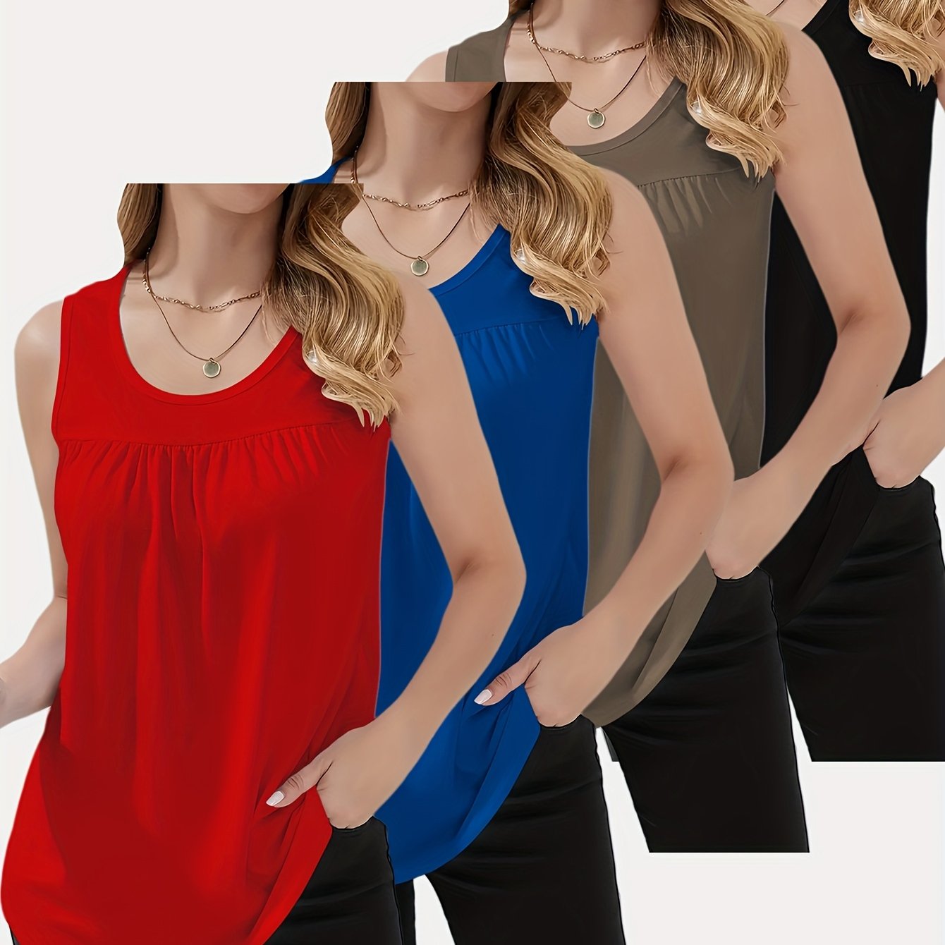 TEMU 4pcs Set: European And Loose-fit Round Neck Pleated Solid Color Sleeveless Tank Tops, Casual And Versatile For Daily , Dates, And Parties, Easy