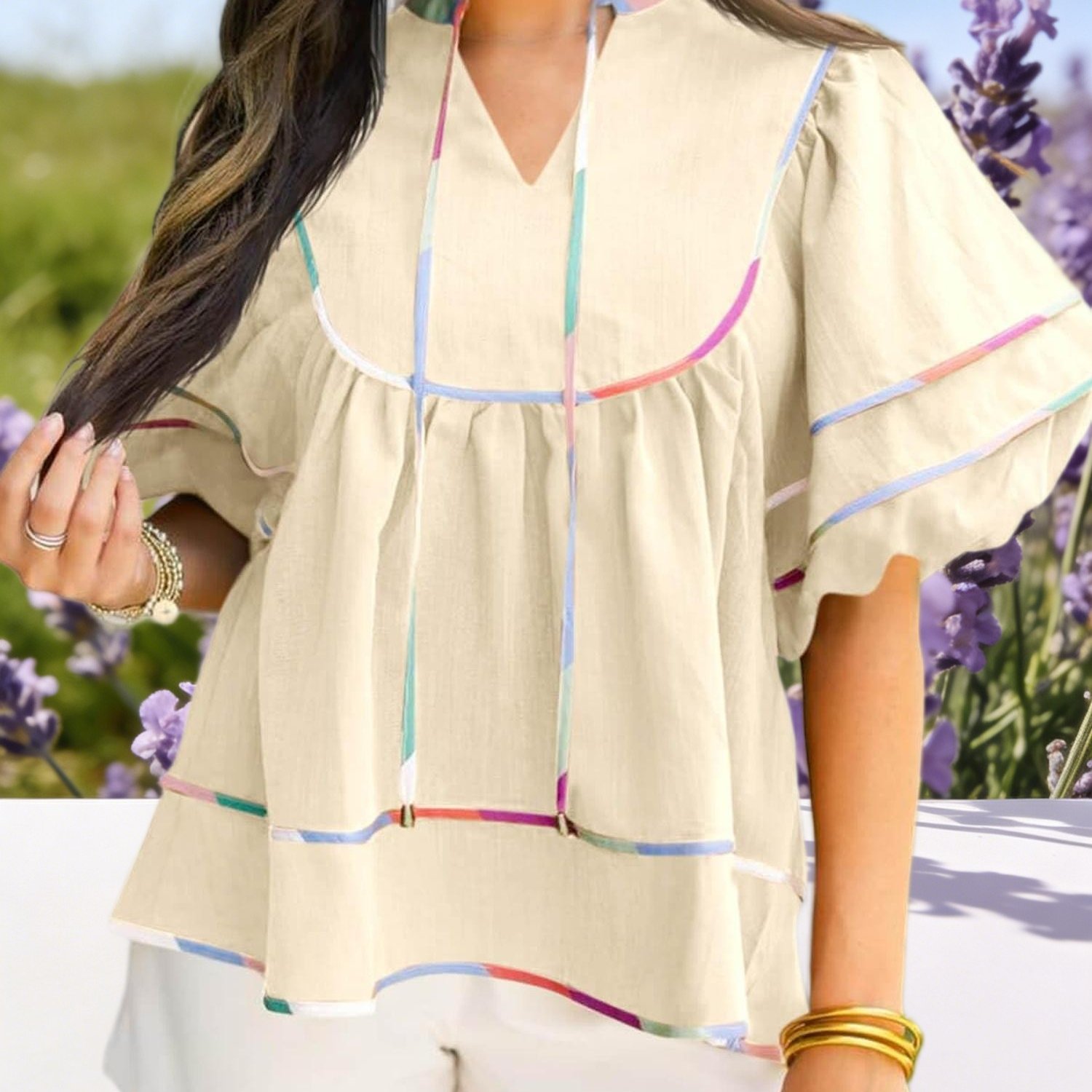 Women's Summer Babydoll Tops V Neck Short Lantern Sleeve Cute Loose Fit Peplum Blouse Flowy Casual Shirt