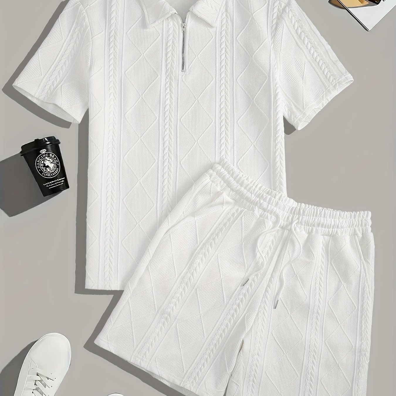Image of Men's Suit Short Sleeve Shorts Jacquard Casual Zipper Fashion Summer Outerwear 2 Piece Set