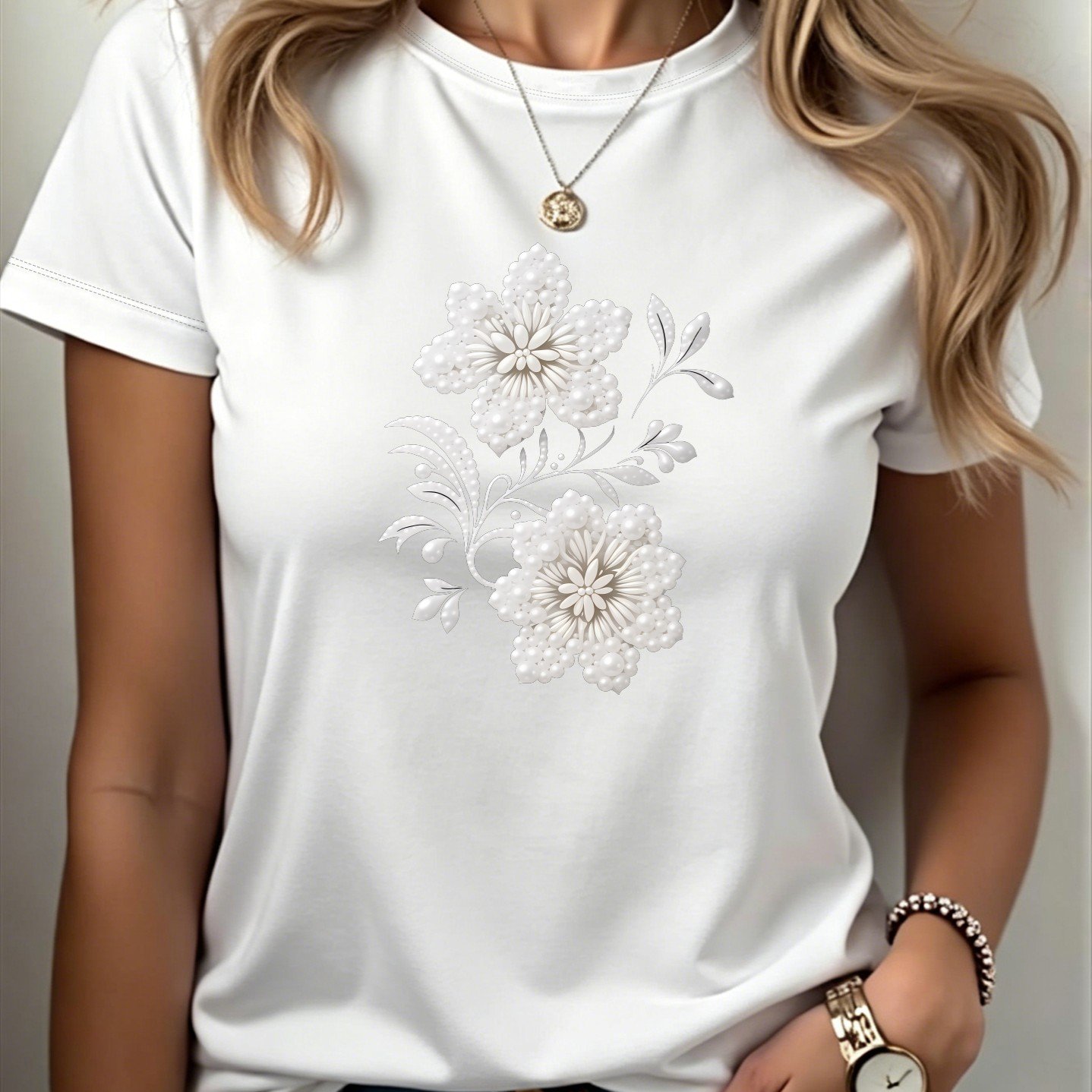 TEMU 3388# Elegant Women's Short-sleeve T-shirt, Fashionable Commuter Summer Tee, For Travel, Dates, Gifts, Vacation, Seaside Floral Pearl
