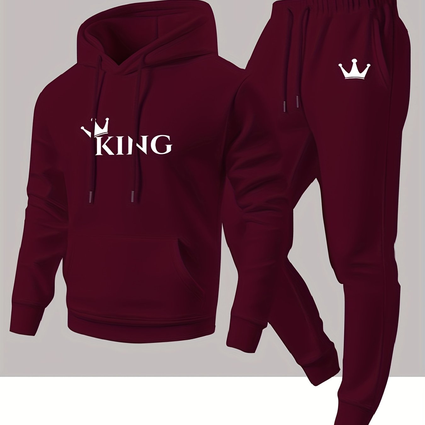 TEMU Stylish "king" Themed 2pcs Set For Men: Hooded Sweatshirt With Exquisite Crown Embellished Iron-on Transfer Print And Jogger Pants