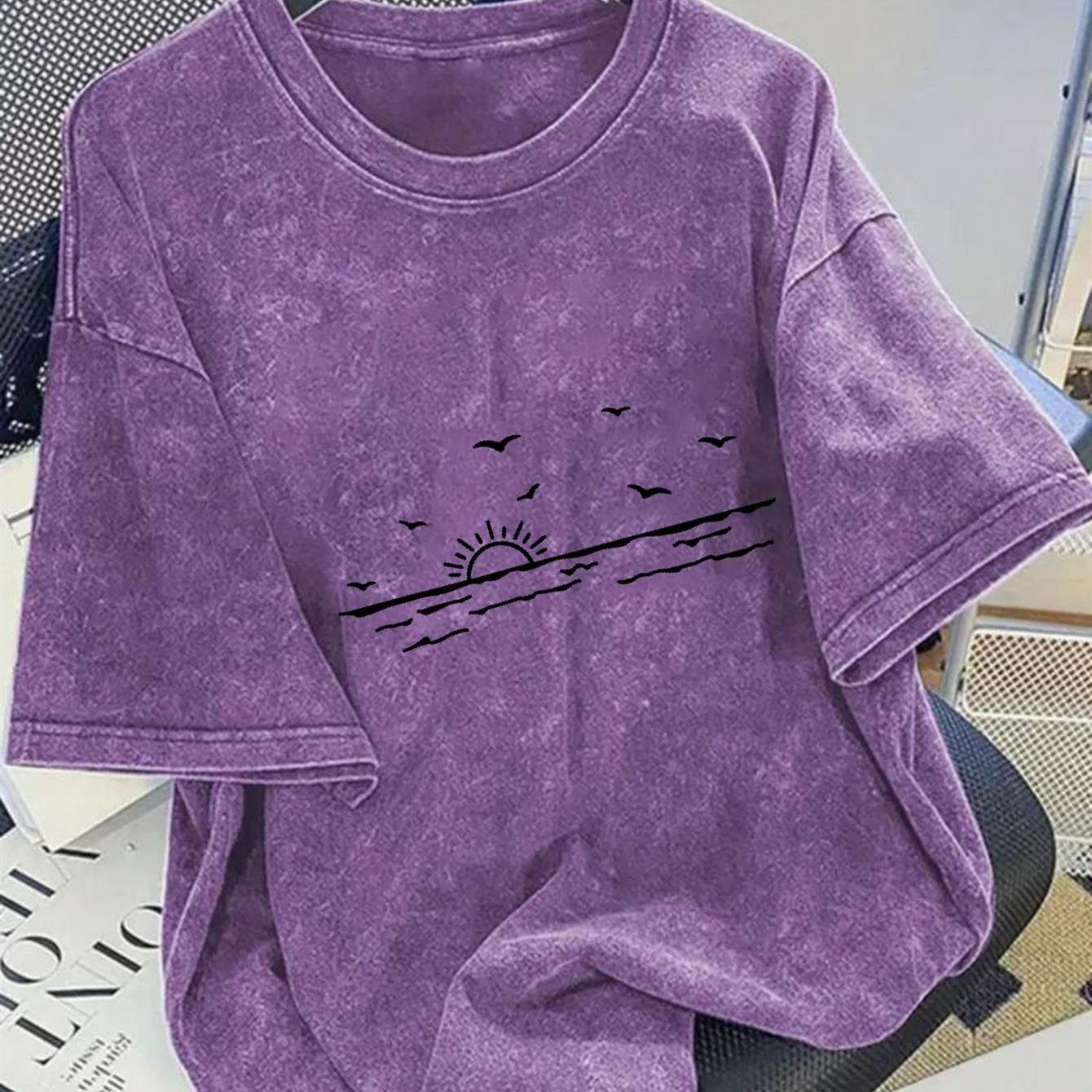 TEMU Neutral 230g Heavy-duty Retro Street Washed T-shirt, Loose, Soft And Breathable, Minimalist Line Drawing Style Seaside Sunrise Personality