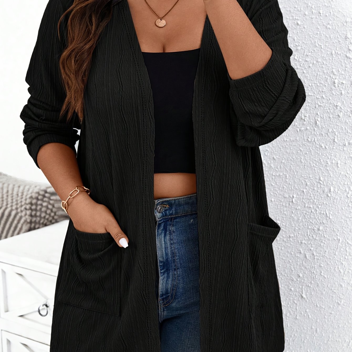 Plus Size, Plus Size Women's Cardigan Jacket Long Sleeve, Workwear Casual Commuter Elegant Jacquard Fabric Pocket Open Front Lightweight Coat