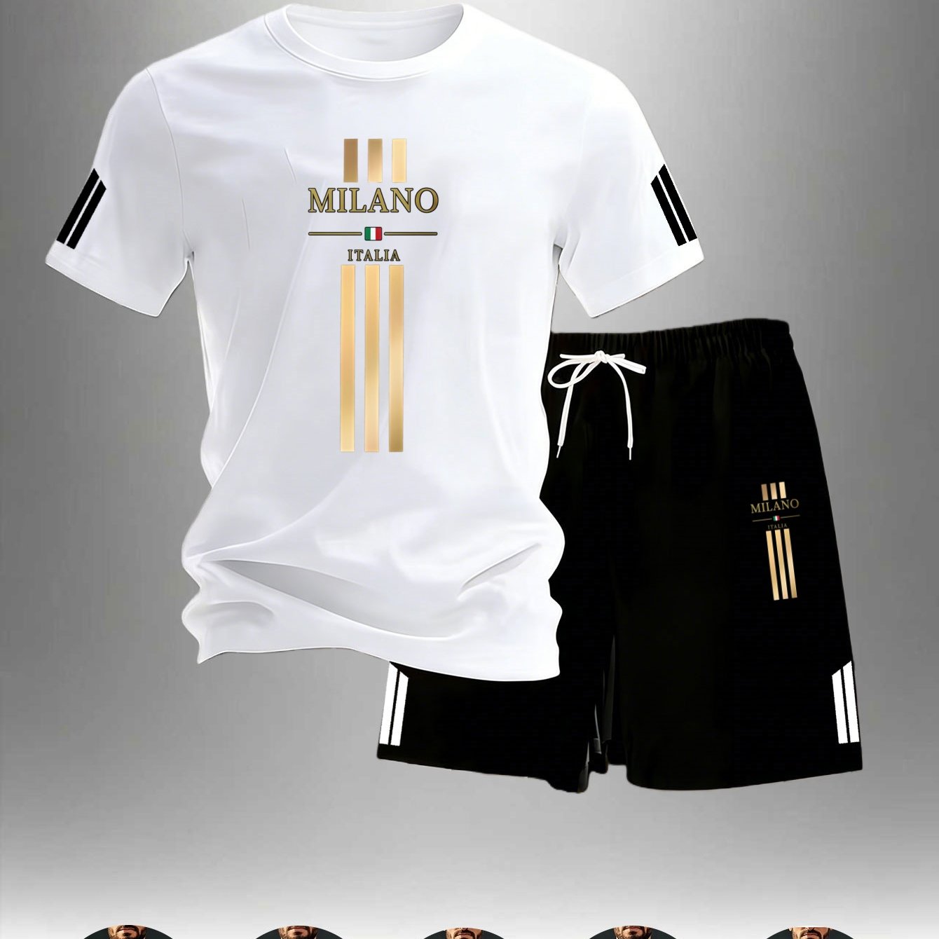 TEMU Men's Golden Italian Striped Print Breathable Suit- Quick-dry Short Sleeve  Shorts 2pcs Set- Cool And Sweat-wicking Summer Casual Sports Suit-
