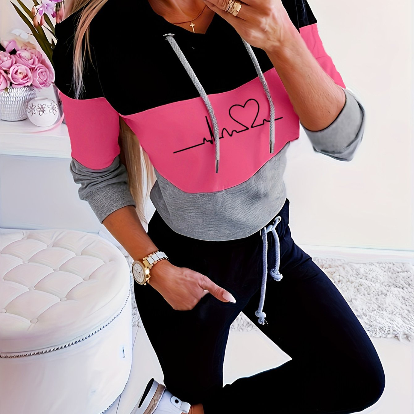 2024 Spring/fall European And Color Block Hooded Print Pattern Loose Long Sleeve Top