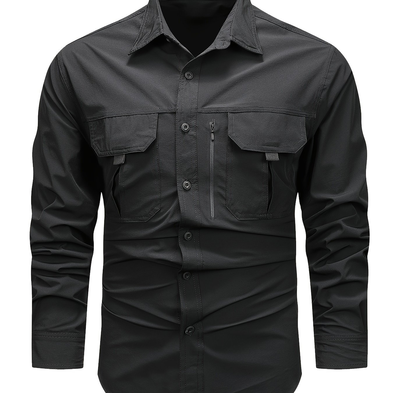 TEMU Spring And Autumn New Elastic Quick Drying Long Sleeve Shirt Men's Outdoor Leisure Sports Multi-pocket Cargo Shirt Thin, Hunting, Casual