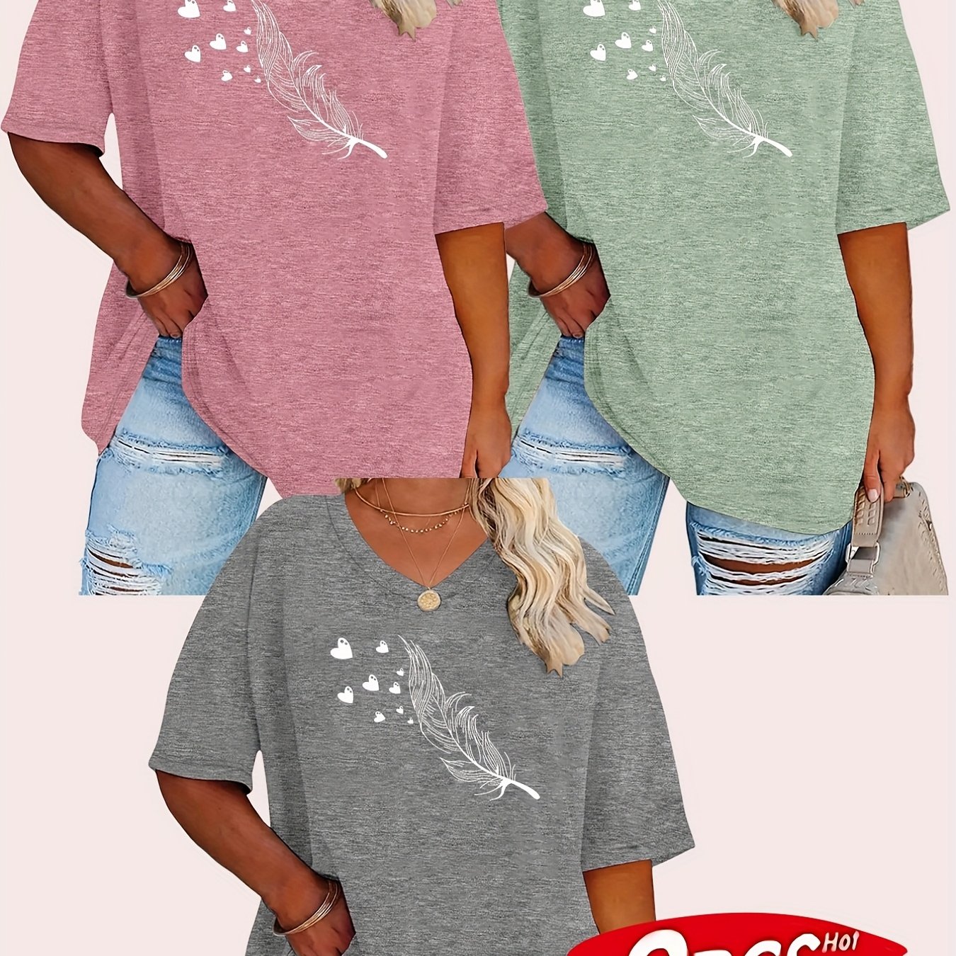 E-shop Damen-Mode-T-Shirt-Set in Übergröße, 3-teilig, vielseitig, mit Buchstaben-Aufdruck, Freizeit-T-Shirt mit V-Ausschnitt – Der Stoff ist weich