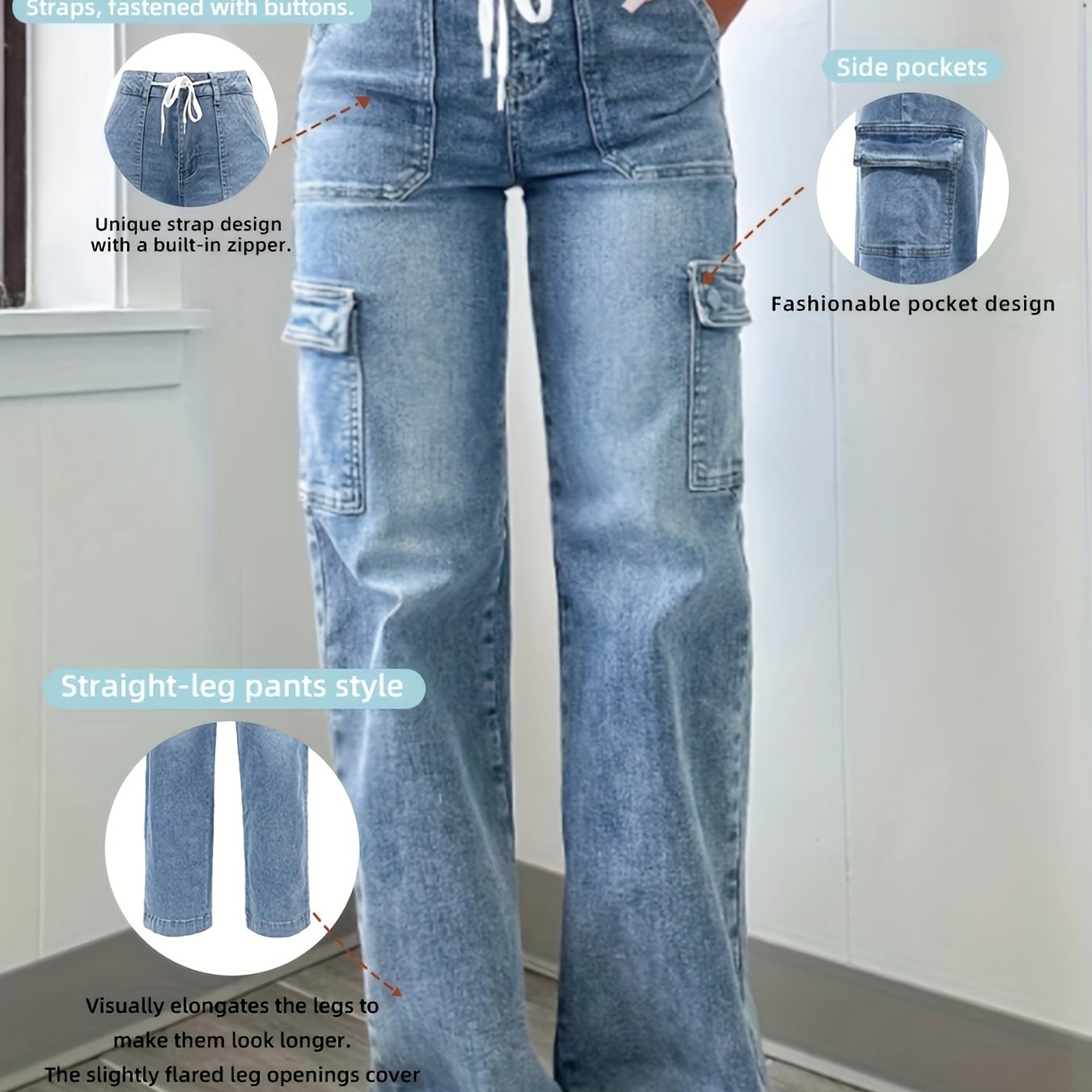 TEMU New Style Women's Leisure Straight-leg Jeans With Laces And Multiple Pockets. Casual Fashion Denim Fabric Sweatpants Jeans 's Clothing