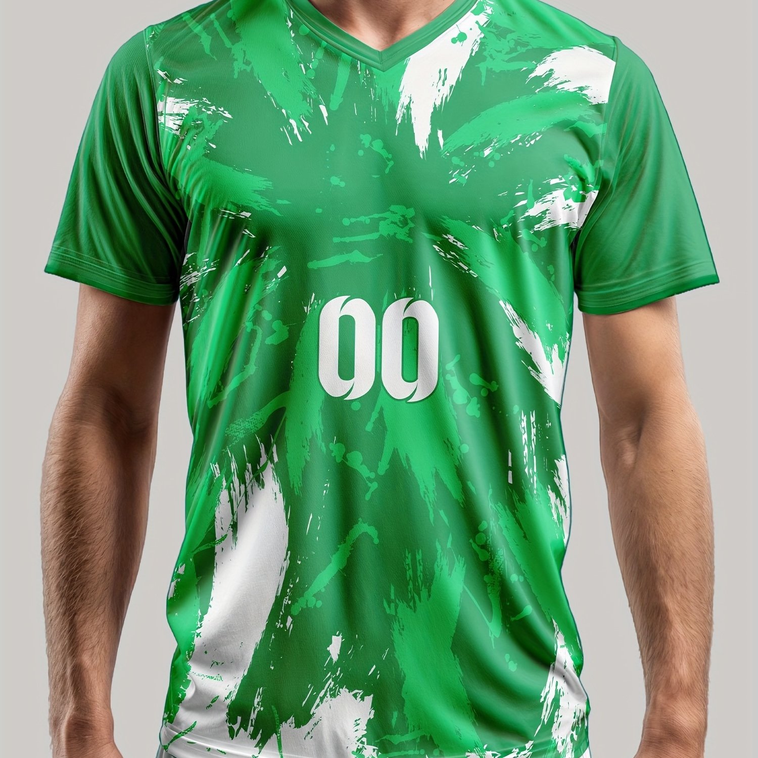TEMU Men's Customizable V-neck Football T-shirt, Breathable Polyester 100%, Print, Regular Fit, Knit Fabric, 210g/m², For Soccer, Training, Outdoor