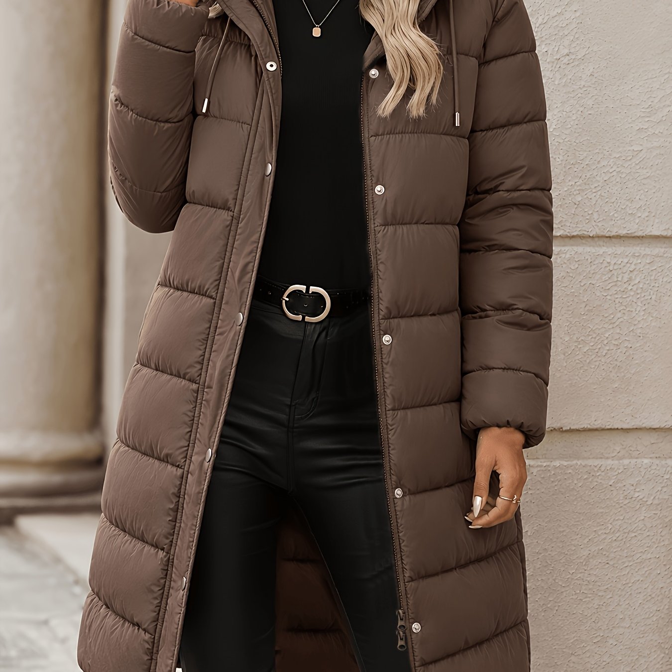 TEMU Ropa de abrigo larga y de otoño/invierno para mujer - Capucha desmontable - Diseño de cremallera - y no voluminosa - Color liso de estilo - Ropa