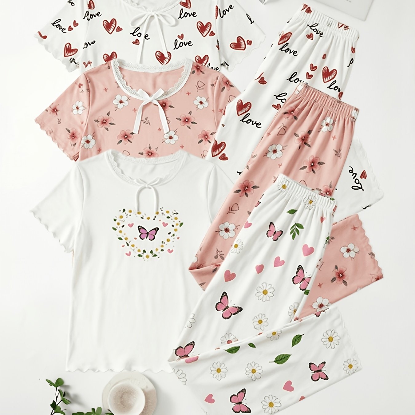 6pcs Plus Size Women's Pajama Sets, Short Sleeve Top With Lace Trim Neckline And Long , Polka Dot Floral Print Loungewear, New Sleepwear For Home And Casual