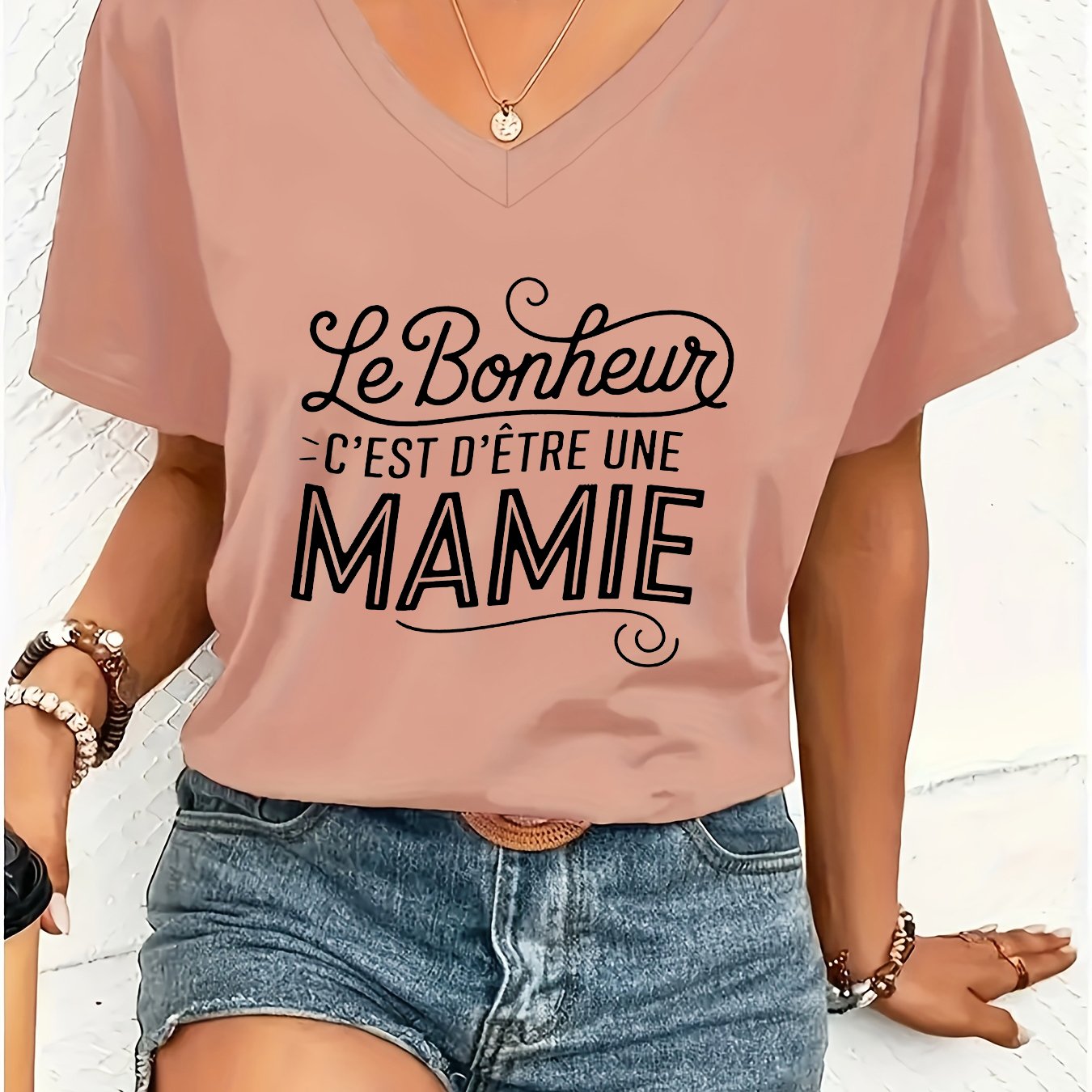 TEMU 1pc Women's French Text Print V-neck T-shirt - "mamie" & French ( Bonheur - C'est Détourne) Short Sleeve Blush Pink Casual Top, Machine Washable