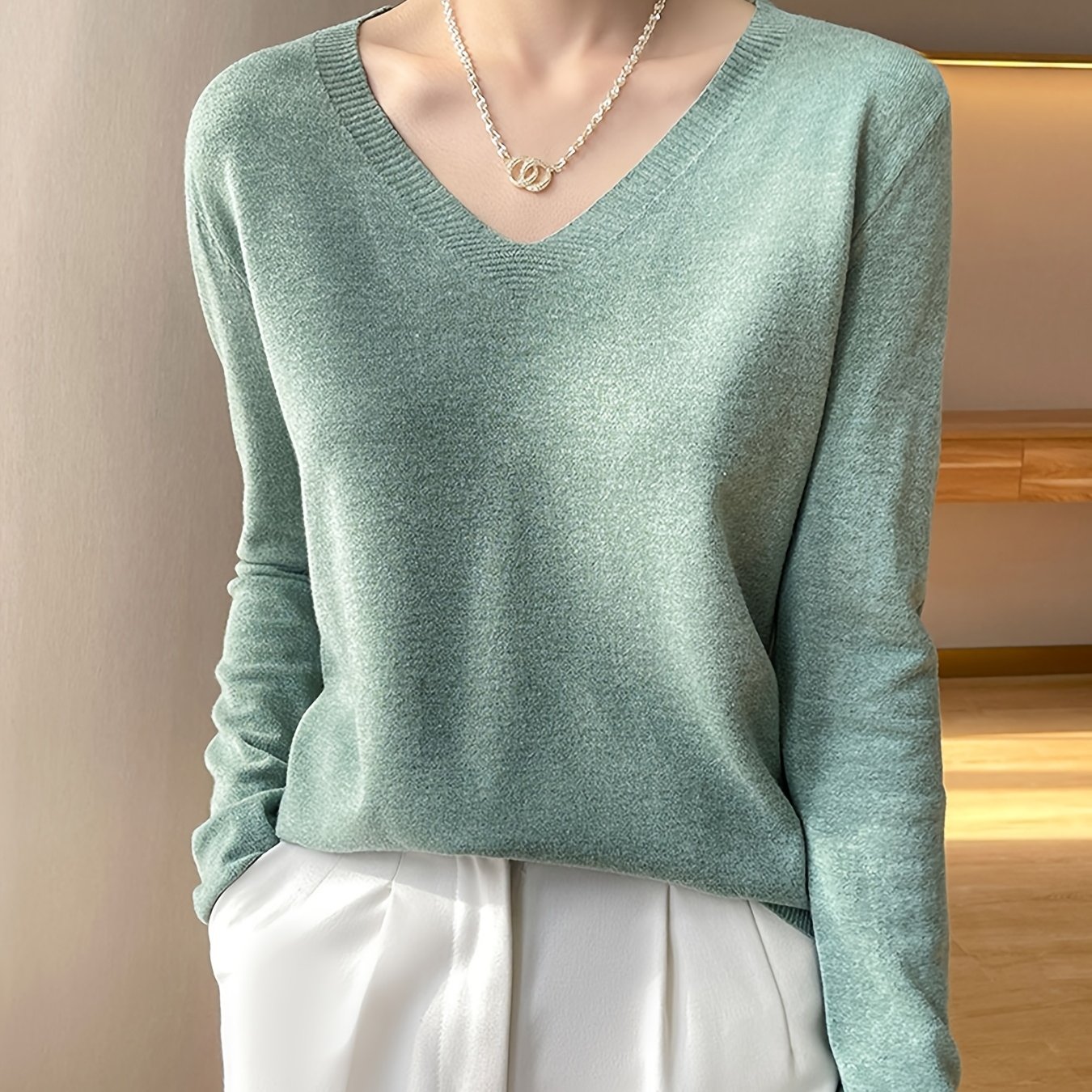 TEMU Elegant Direction + New Arrival Spring/summer V-neck Sweater Solid Color Long Sleeve Pullover Warm Comfortable Long Sleeve Henley Neck Fashion