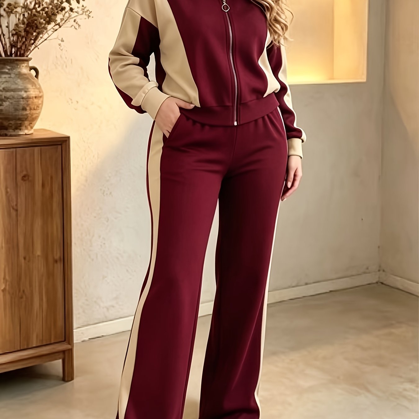 Image of Women's Autumn And Winter Clothing - Contrasting Color Thermal Top Jacket With Striped Splicing High-waist Trousers Women'-piece Set