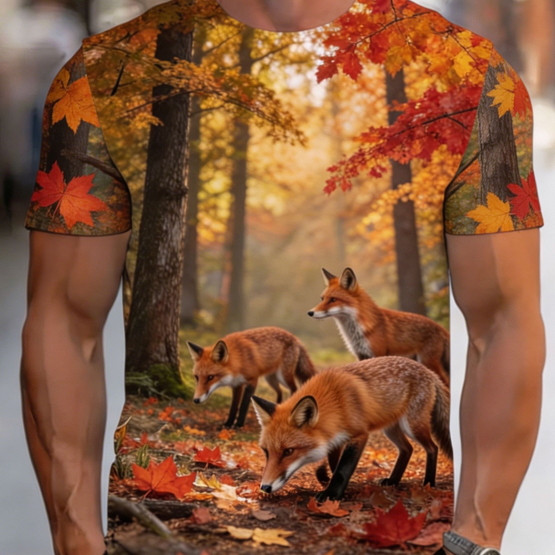 TEMU Men's Realistic Fox & Autumn Forest Print T-shirt - Full-body Suitable For, Outdoor, Casual Wear - Plus-size Loose Neck Short Sleeve Top &