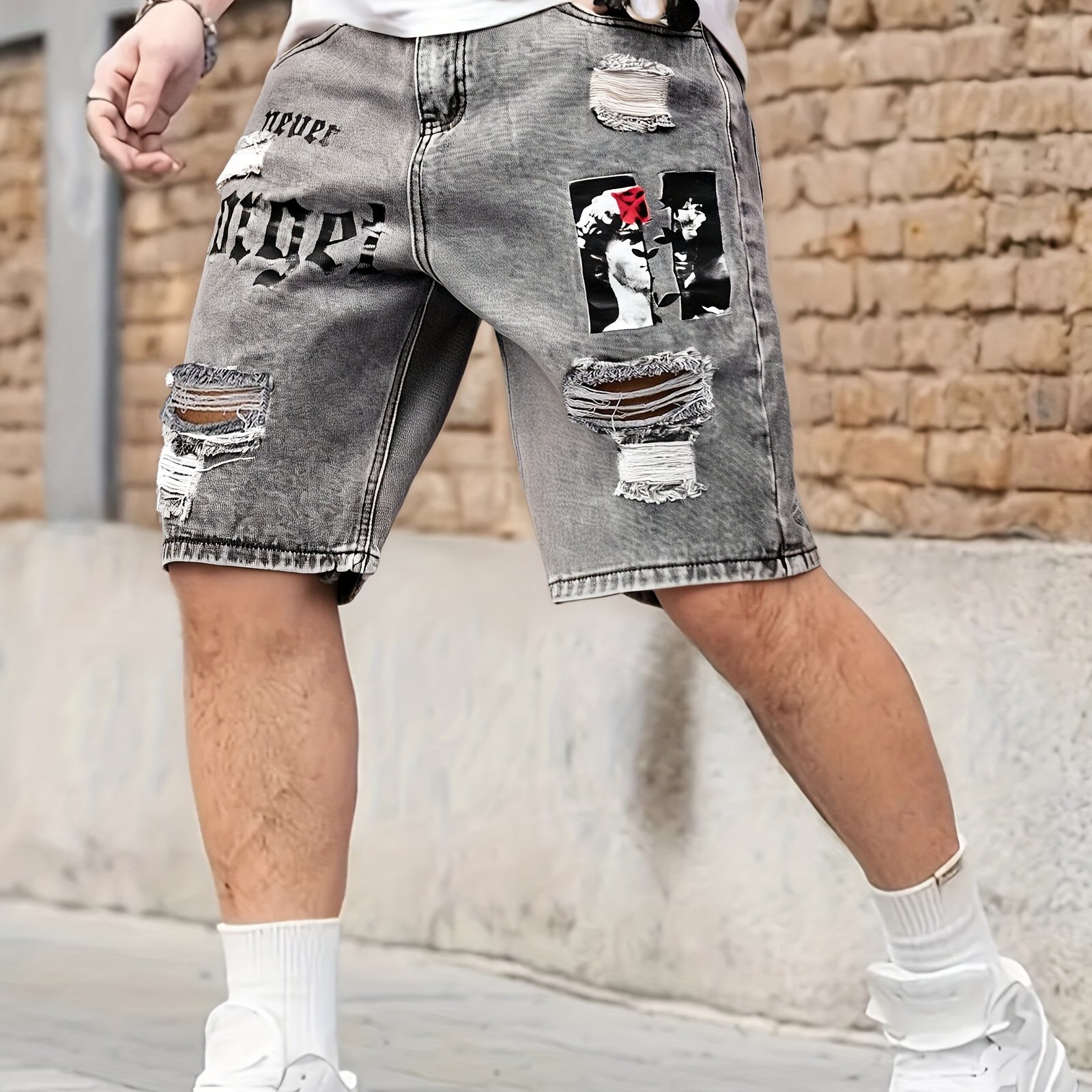 Image of Men's Denim Shorts, Printed , Ripped Jeans, Summer Cropped Pants, Street Style, Loose Fit
