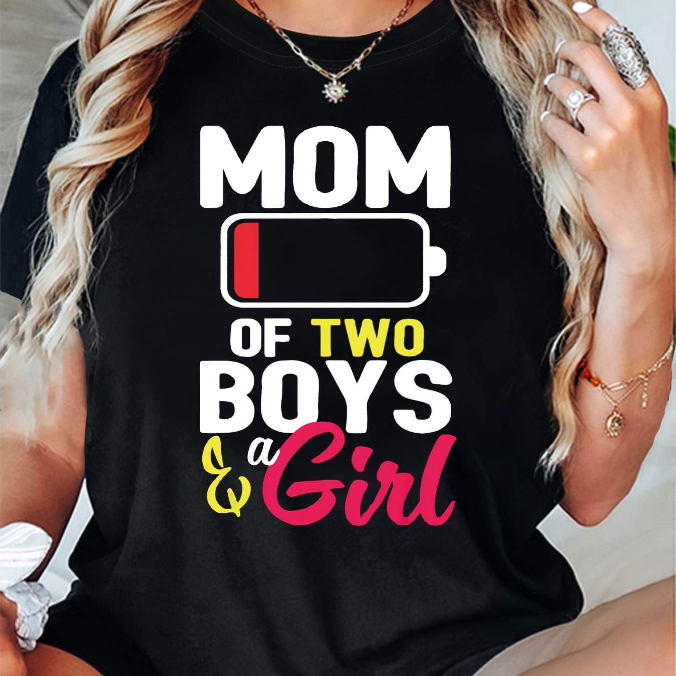 TEMU Mom Of 2 & A Letter Print T-shirt, Short Sleeve Crew Neck Casual Top For Summer & Spring, Women's Clothing