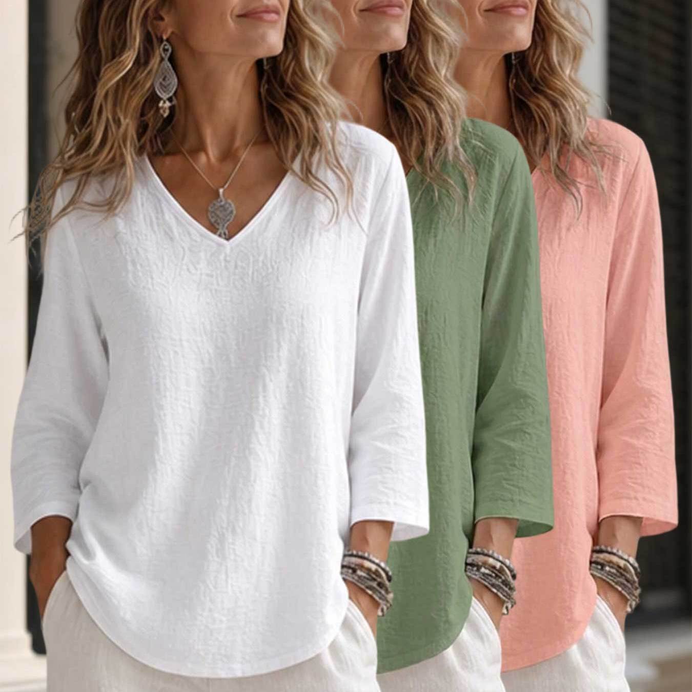 TEMU Solid Color 3pcs Set, /summer Women's Top, No Print, Casual, Versatile, Commuting, Outdoor, Loose Fit, V-neck, Three-quarter Sleeve Apparel