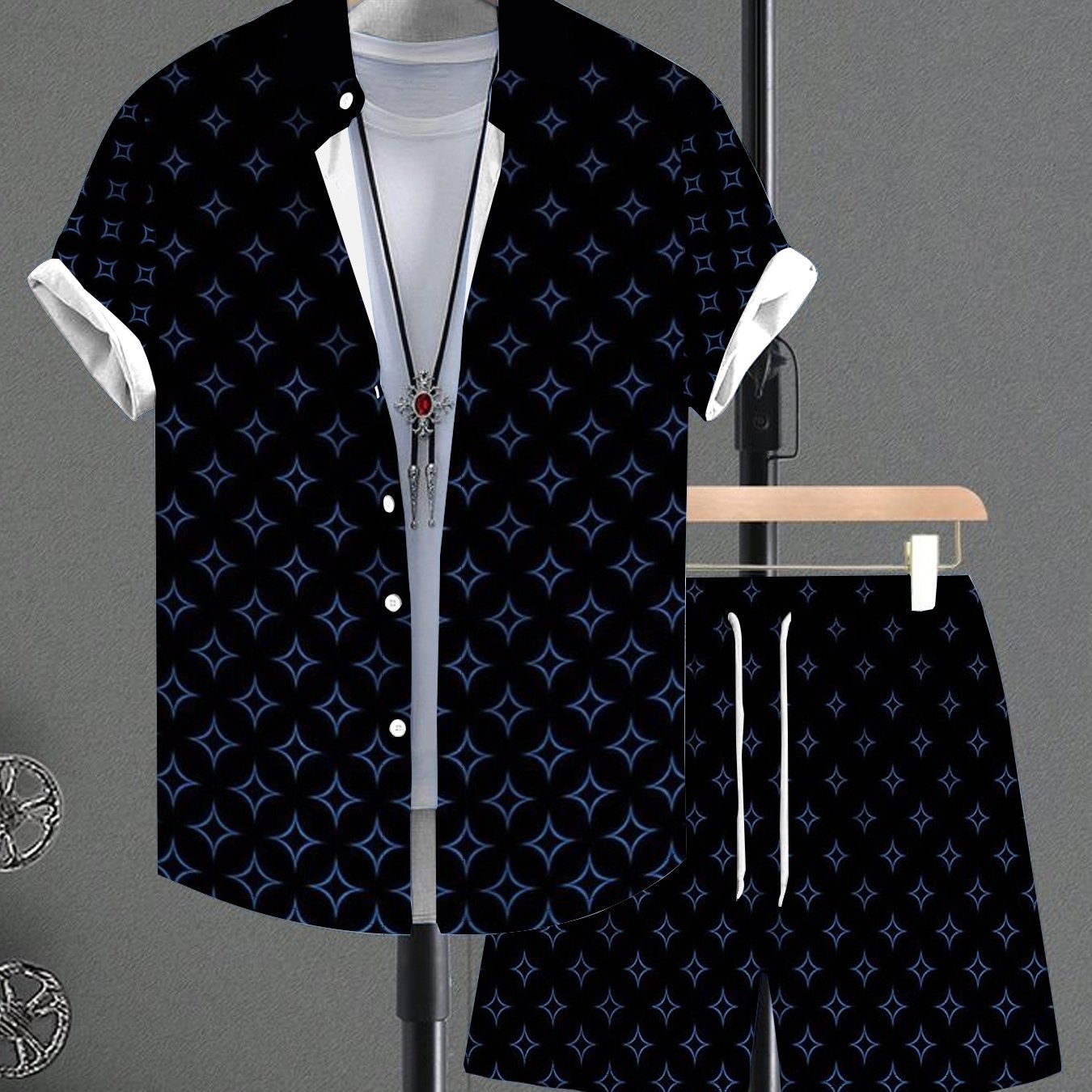 TEMU Casual Print Fashion Versatile Set Shirt Shorts Men's Summer Leisure Printed Short Sleeve Shirt   Drawstring Shorts 2pcs Set