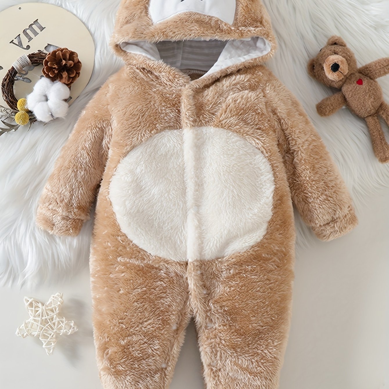 Boys' Cute Bear Long-sleeve Hooded Romper With Footed Sleeves For Autumn And Winter, Perfect For Outdoor