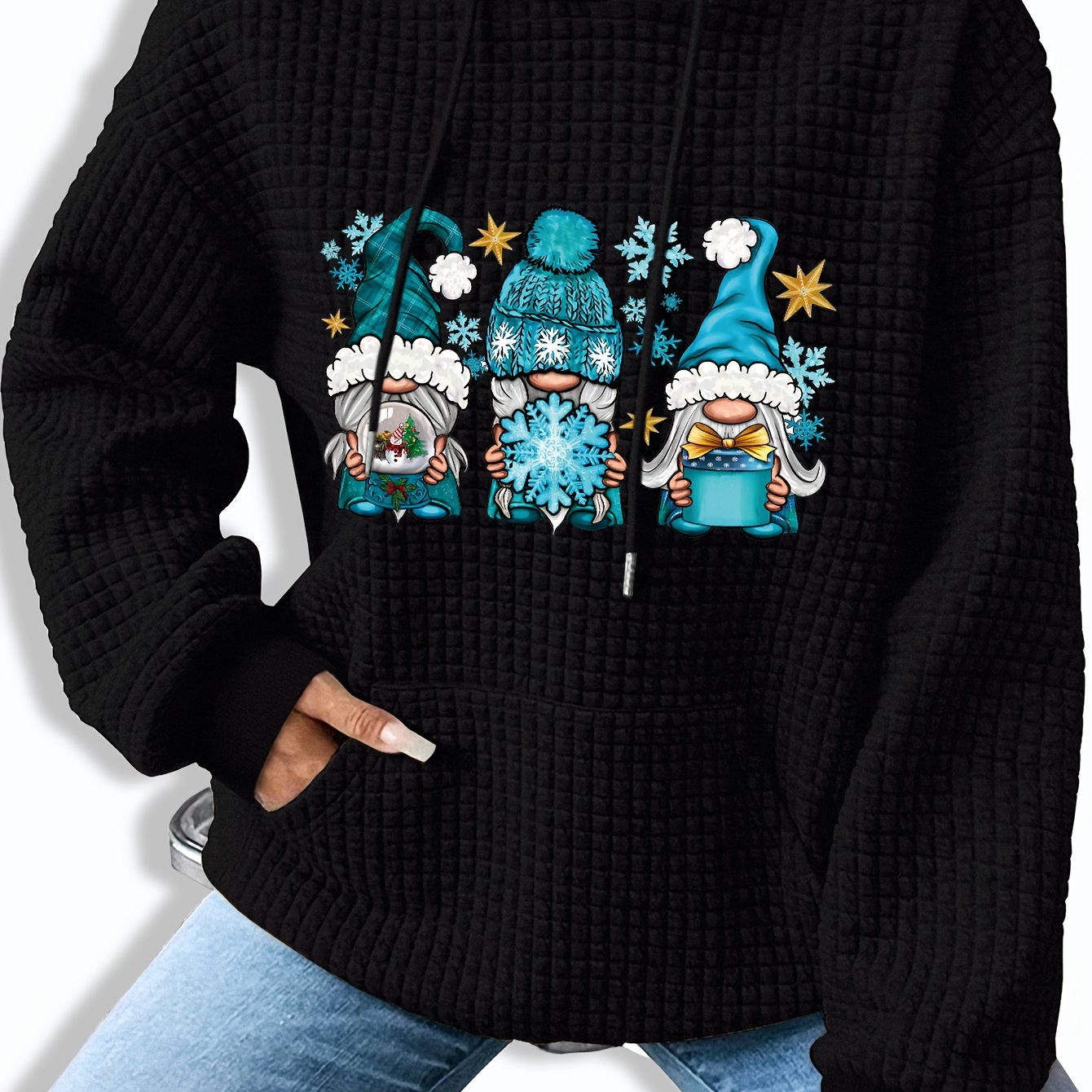 TEMU Christmas And Halloween Patterned Printed Waffle Kangaroo Hoodie For Women, Stylish Tops For Ladies, Suitable For Spring, Autumn, And Winter