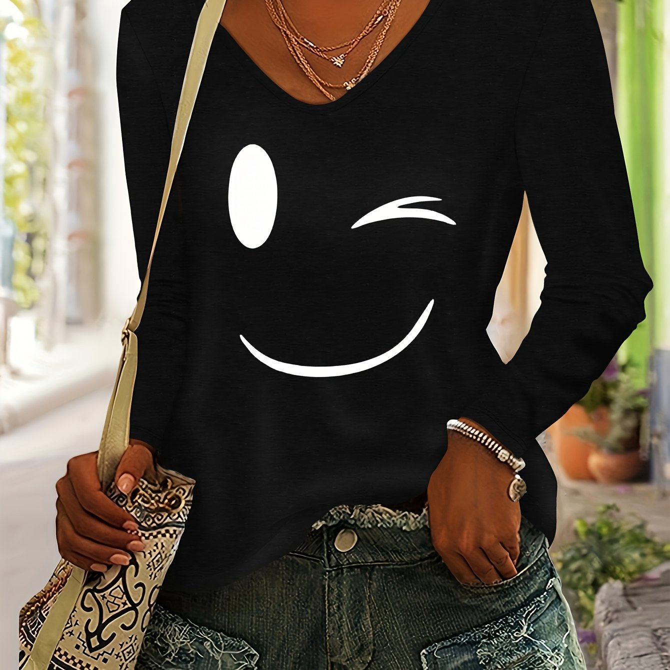 TEMU Damen Langarm-T-Shirt mit V-Ausschnitt, farbig, lächelndes Gesicht Grafikdruck, lässiger europäischer amerikanischer Stil, vielseitig, , bequem,