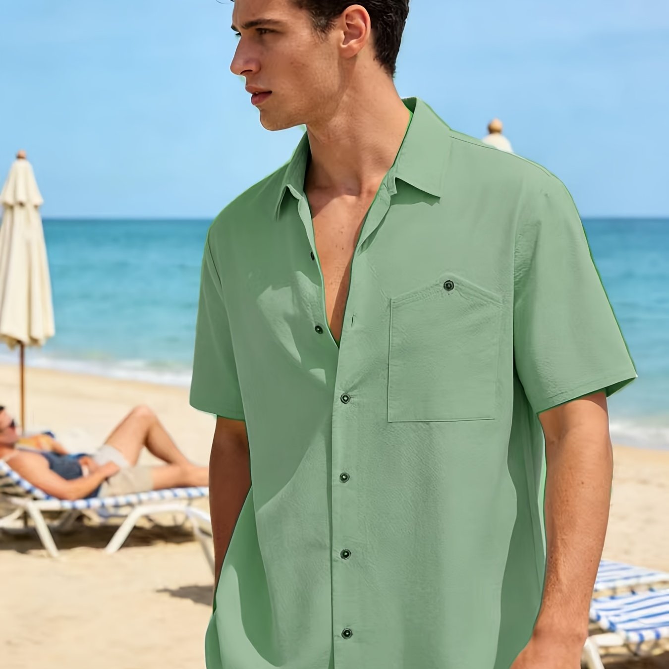 TEMU Men's Linen Short Sleeve Shirt, Summer Breathable Casual Collar Blouse, Beach Vacation Solid Loose Top
