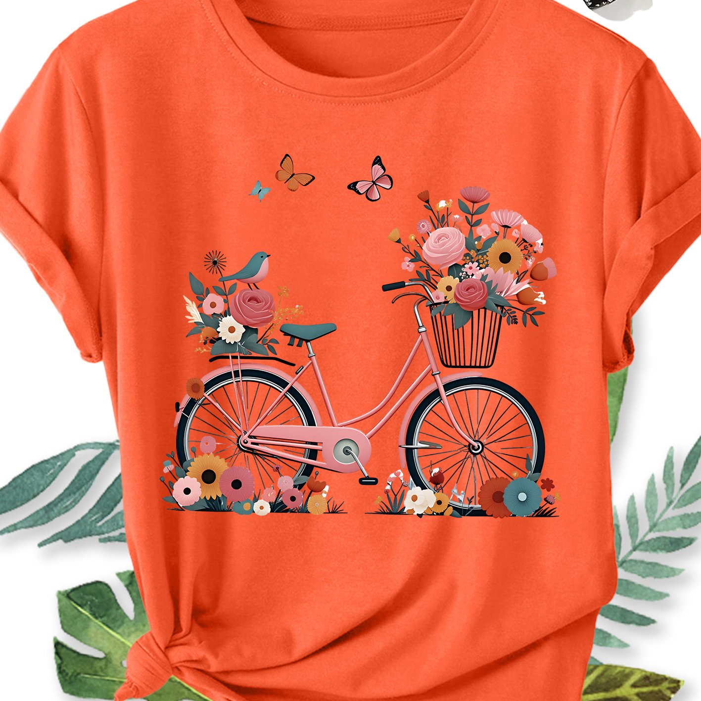 TEMU Women's Elegant Plus Size Short Sleeve Top, Bicycle   Full Car Of Flowers   And Small Bird Print Pattern, Round Neck, Comfortable, Soft, And