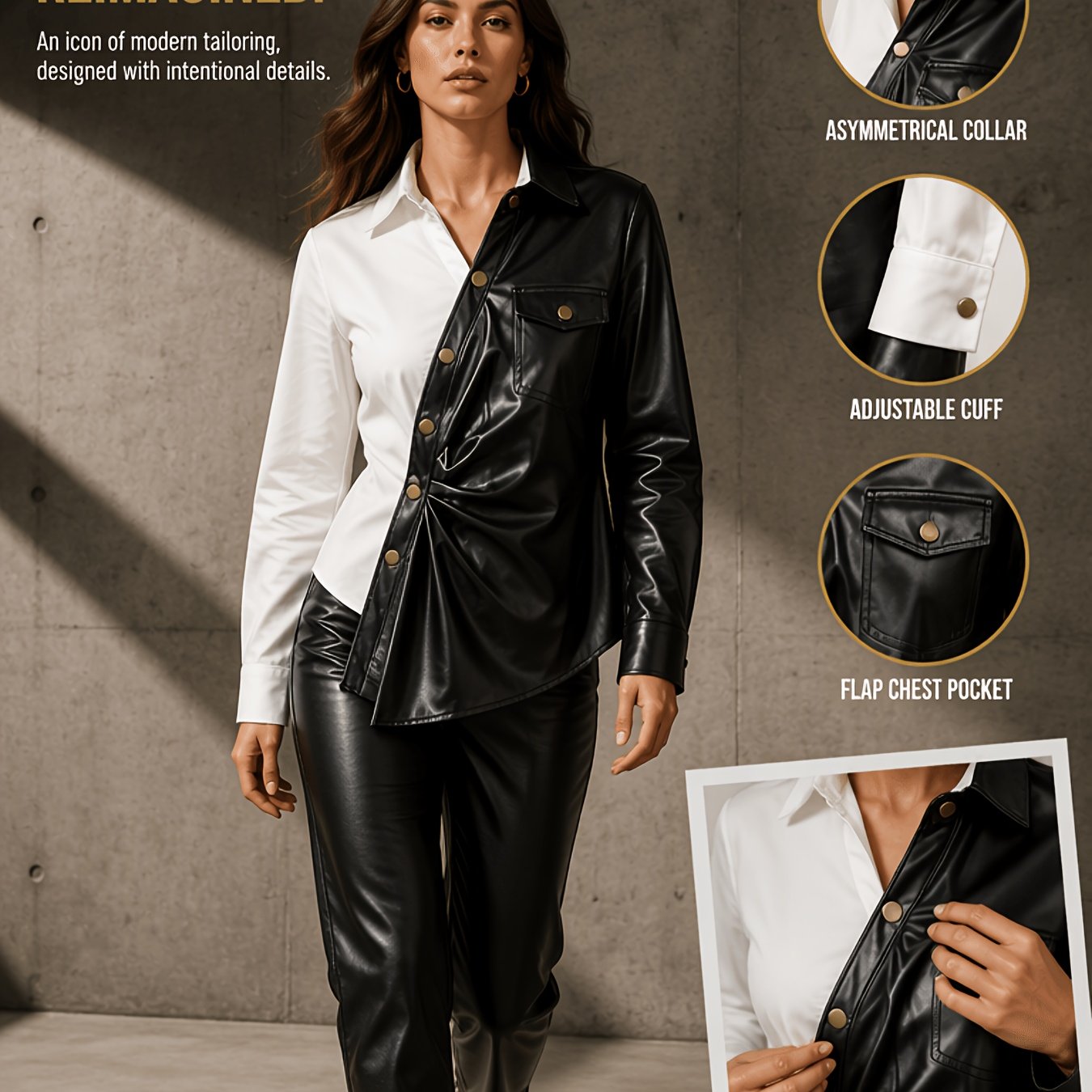 Image of Women 2 Tone Pu Spliced Shirt Lapel Long Sleeve Asymmetrical Twist Front Golden Button Edgy For Office Work Dinner Dates And Casual