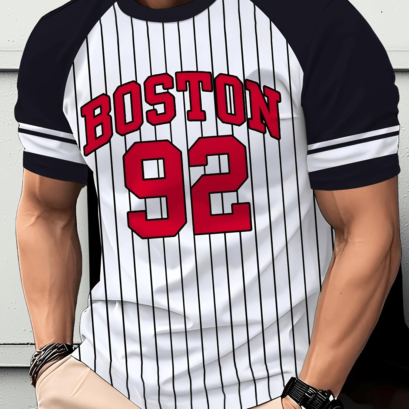 TEMU Men's Boston 92 Pattern Baseball T-shirt - Black And , Polyester Fabric, Regular Fit, Machine Washable, Breathable Round Neck Casual Sportswear,