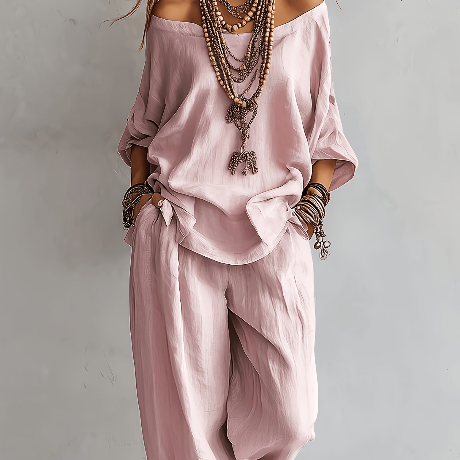 TEMU Women's Summer Casual Loose-style Off-the-shoulder Top And Wide-leg Pants 2pcs Set