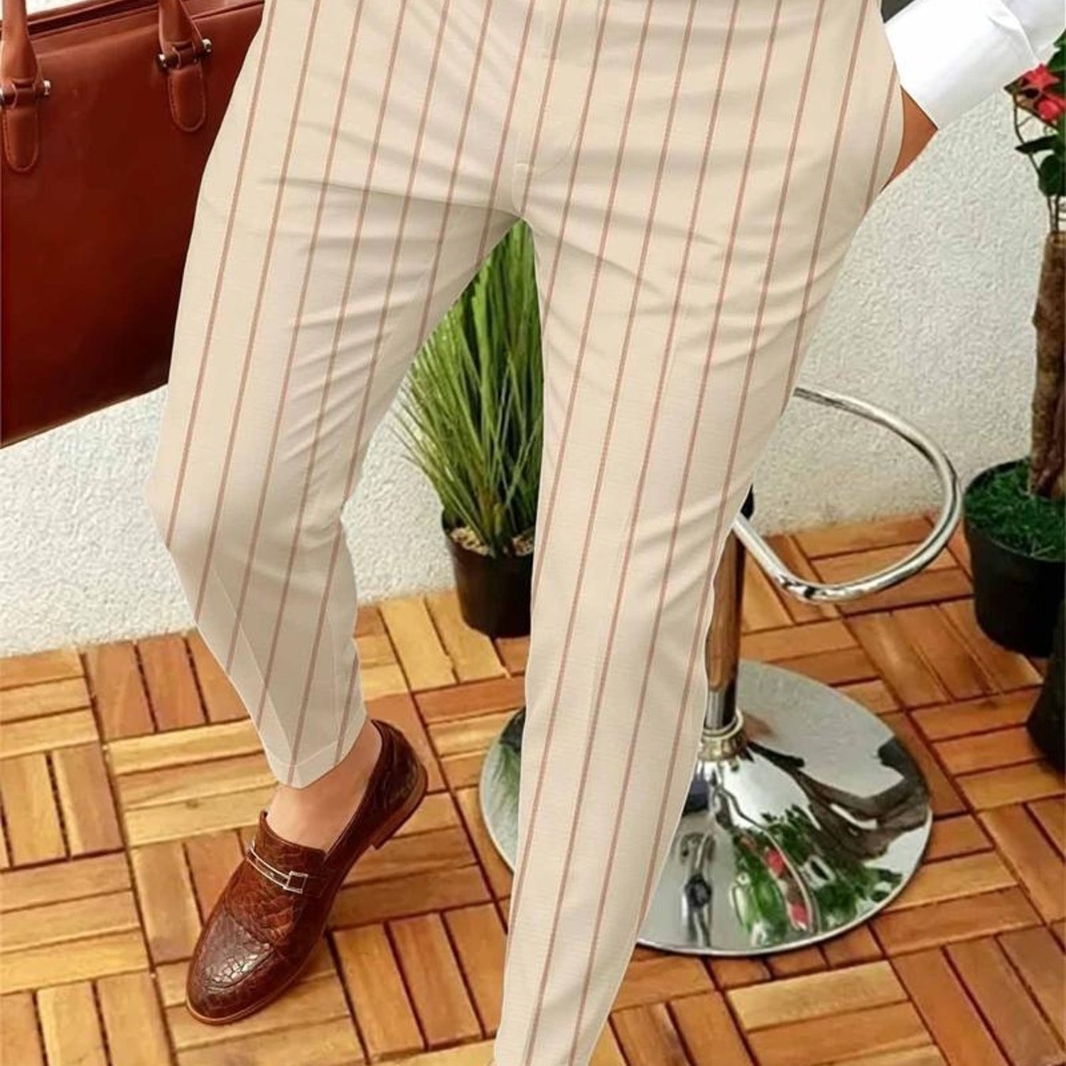 Men's Dress Trousers With Mixed Colors And Thin Brown Vertical Stripes, Multiple Specs, Beige Pants, Match White Shirt, Brown Belt, Stylish Loafers And Briefcase Look, Comfortable Workwear