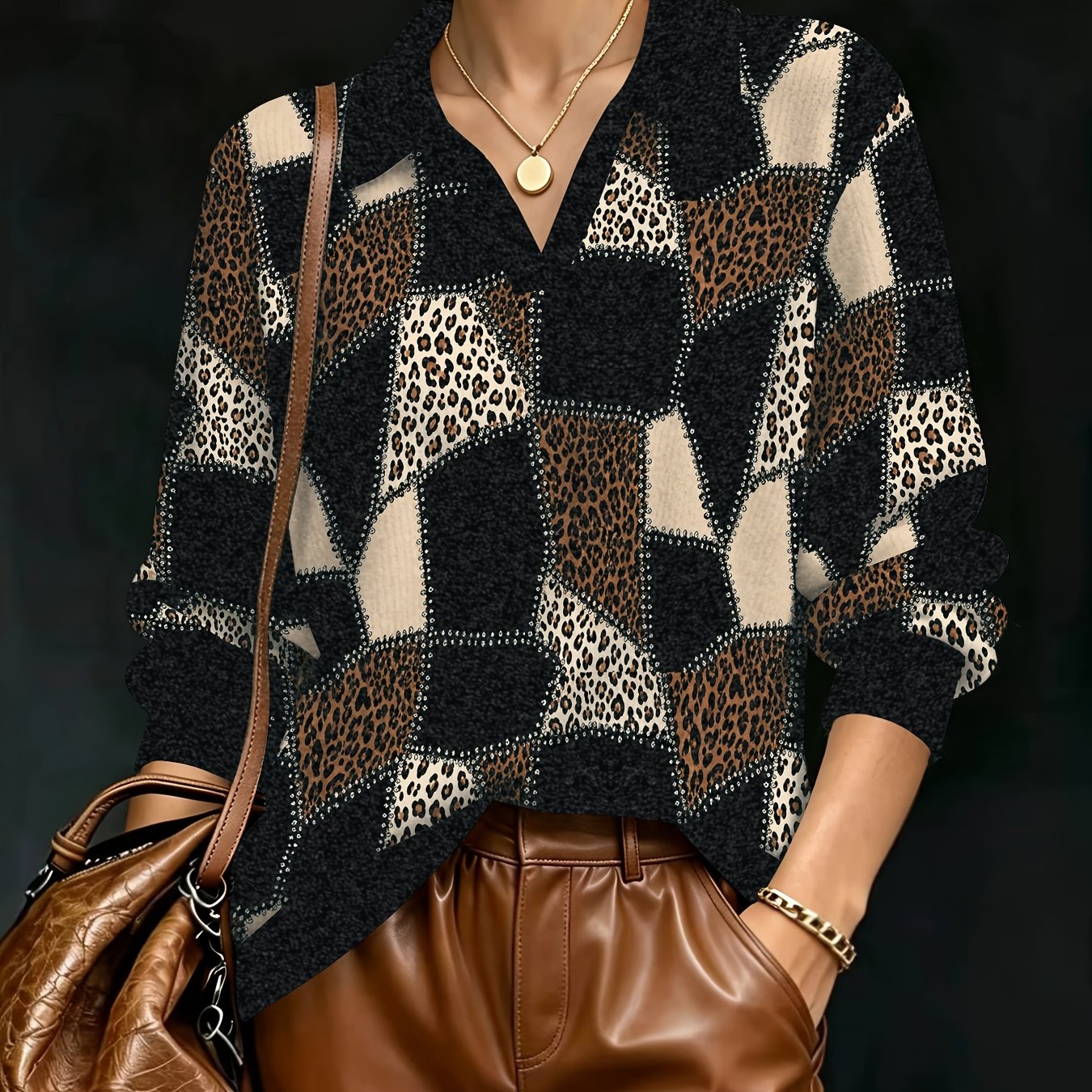 TEMU Pull Femme 2026 Nouveauté Imprimé Faux Laine Vintage Léopard Coutures Motif Géométrique Col en V Manches Longues Haut Décontracté Automne et