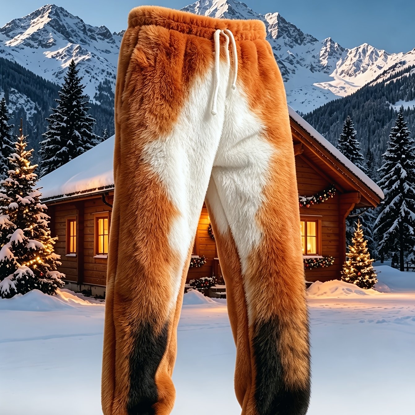 Image of Printed Design Non-textured Men's Fox Style Fleece Pants, Winter Warm Trousers. The Fabric Is Soft And Warm, Suitable For Outdoor Activities And , A Must-have For Autumn And Winter