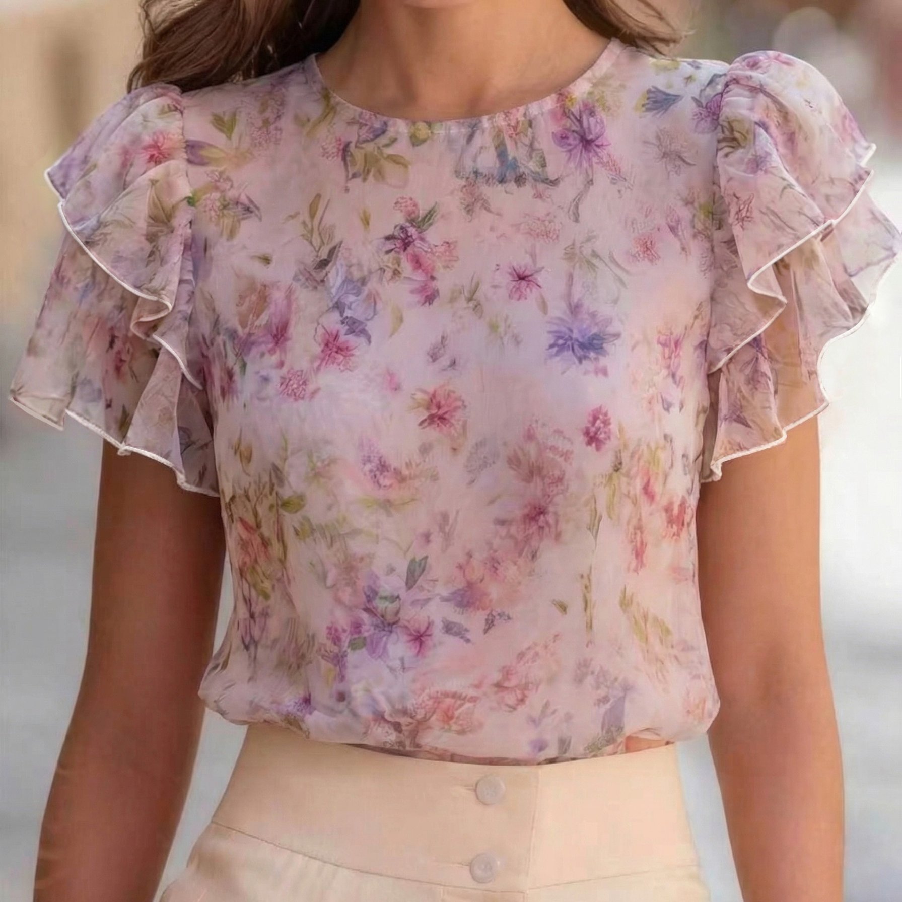 TEMU 2026 New Floral Sleeve Shirt Floral Print Layered Sleeve Shirt French Country Style Shirt Romantic Puff Sleeve Top Spring Wedding Guest Shirt