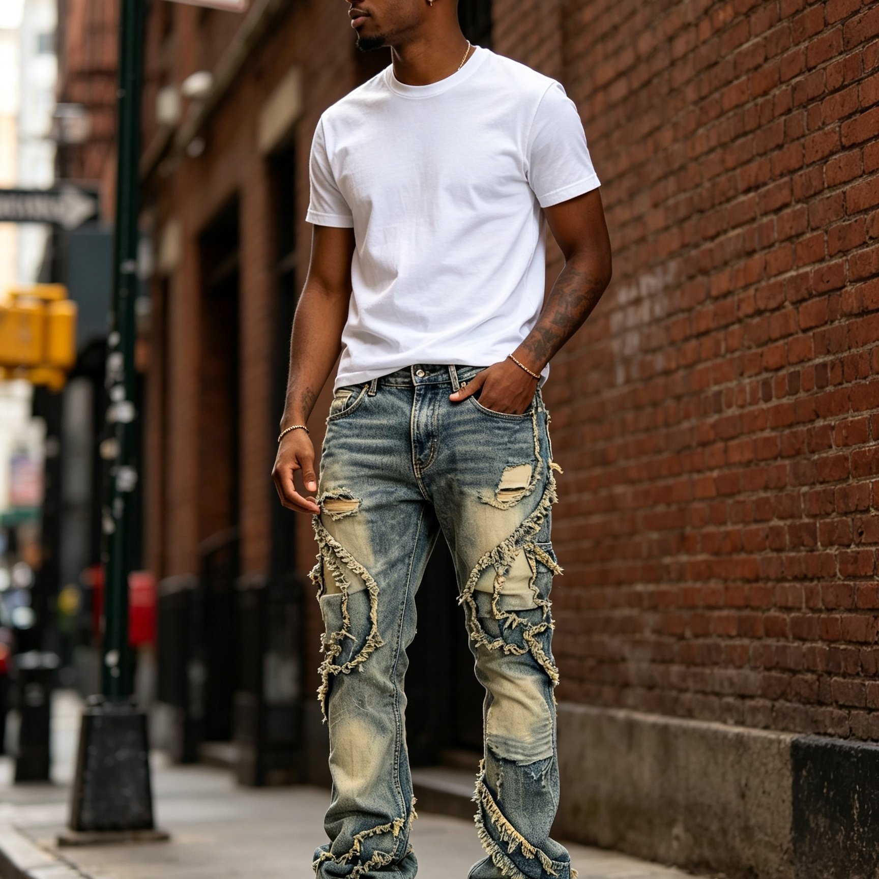 Image of Men's Slim-fit Straight-leg Wide-fit Denim Long Pants, Heavy-duty Water-washed Nostalgic Classic Western Style, Patch Wash Frayed , Trendy And Fashionable, Versatile For Casual Wear, Machine Washable