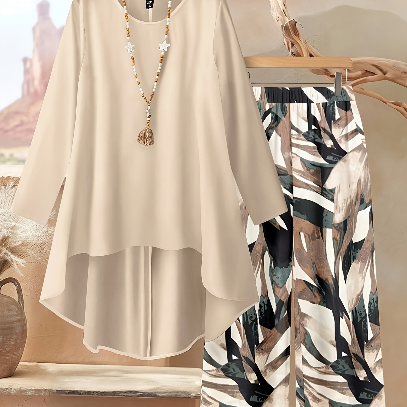 TEMU Leisure Leaf-shaped Outline Printed Women's 2pcs Set, Elegant And Loose Long-sleeved Top And Pants, Suitable For Autumn And Winter.