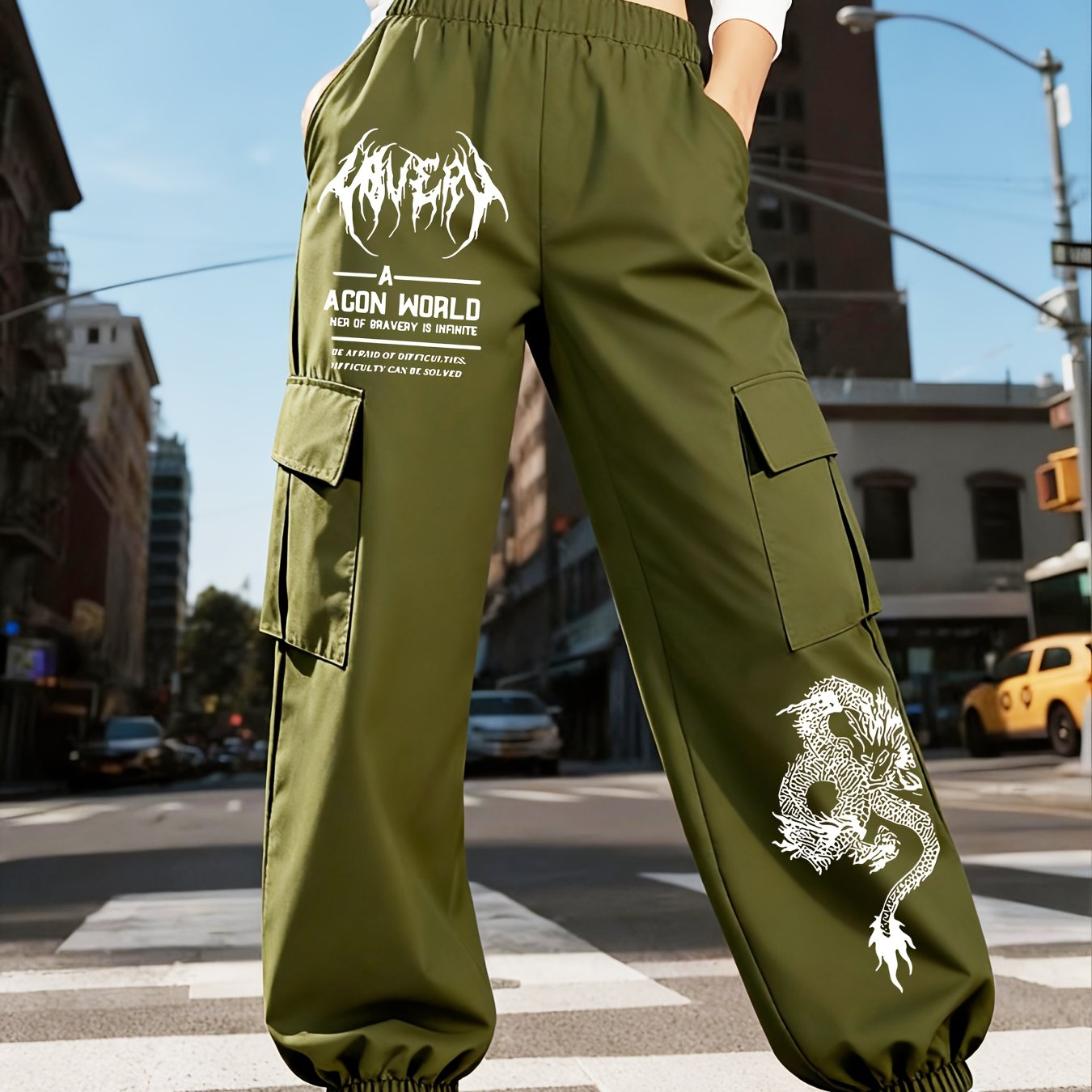 TEMU Women's High-waisted Wide- Cargo Pants With Dragon' Print & Multiple Utility Pockets - Loose Fit Workwear Trousers, Letter '' Patches For -