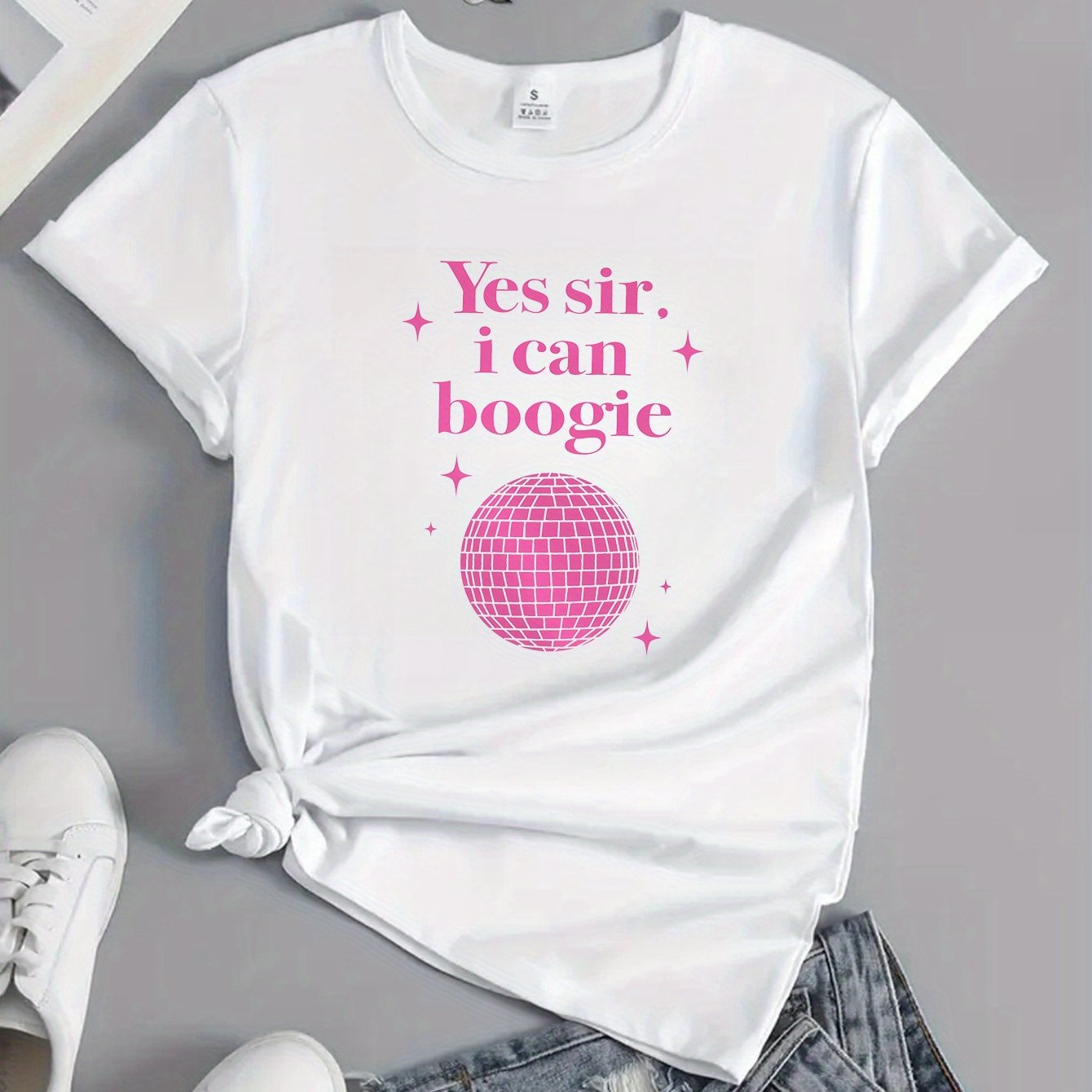 TEMU A Cute Summer ", I Can " T-shirt, Minimalist Quote Tee, 70s 80s Y2k Disco Dance Top, Disco Ball Birthday Gift Printed Graphic Tee, Spring Summer