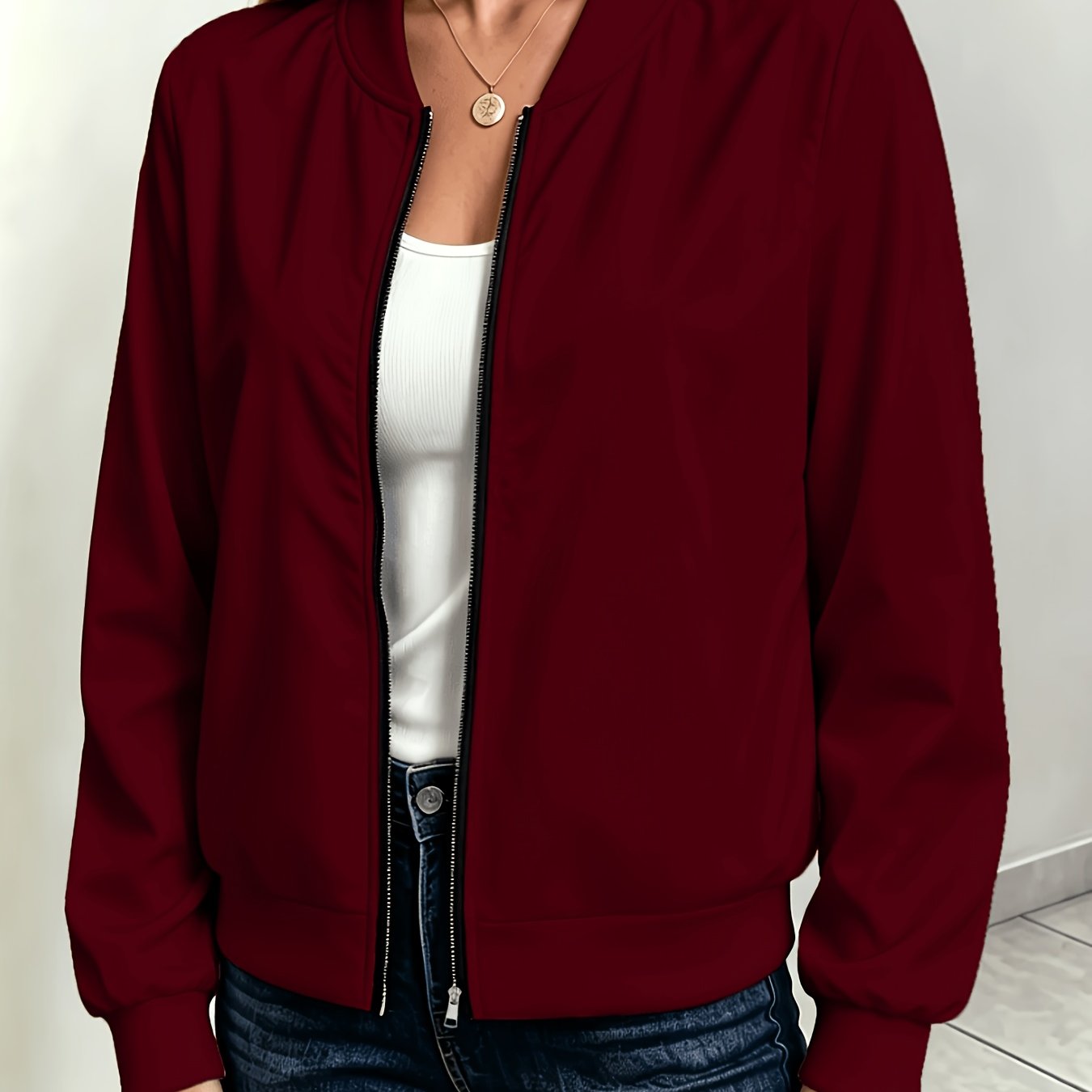 TEMU New! Women's Jacket, Autumn Winter Elegant Commuter, Burgundy Solid Color Zippered Coat, Baseball Collar Long Sleeve, Office Date Versatile