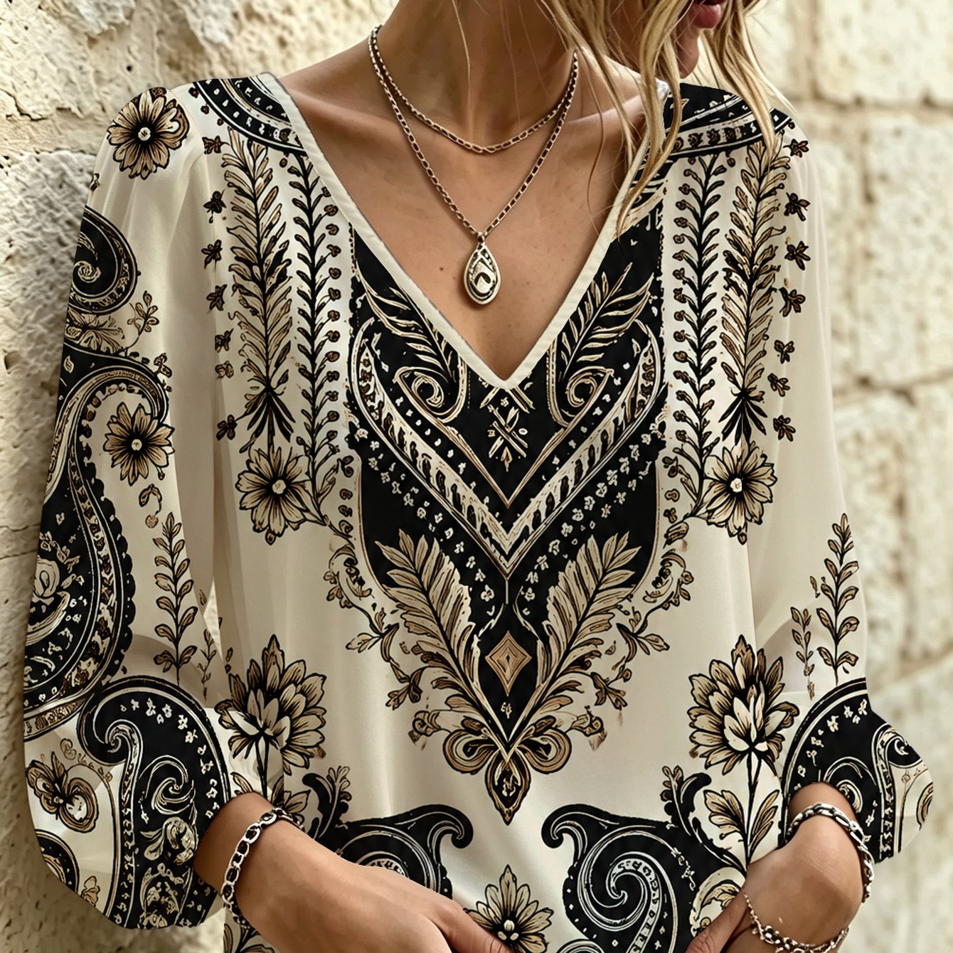 TEMU [digital Printing] Vintage Black And White Paisley Floral Ladies' Longsleeved Shirt Office Commute Party Date Travel Casual Wear