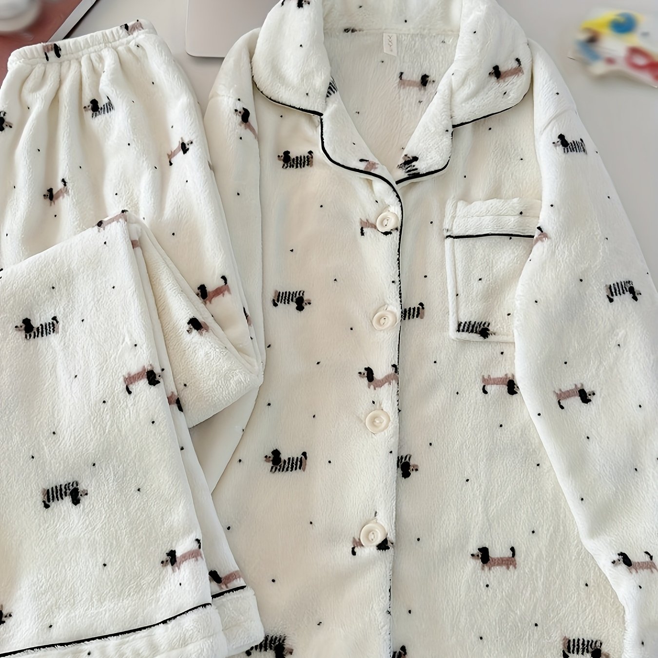 TEMU Women's Autumn/winter Coral Polka Dot Puppy Print Pajamas, Thickened Sweet Cartoon Cute Lapel Casual Cardigan Loungewear, Long Sleeve And Long