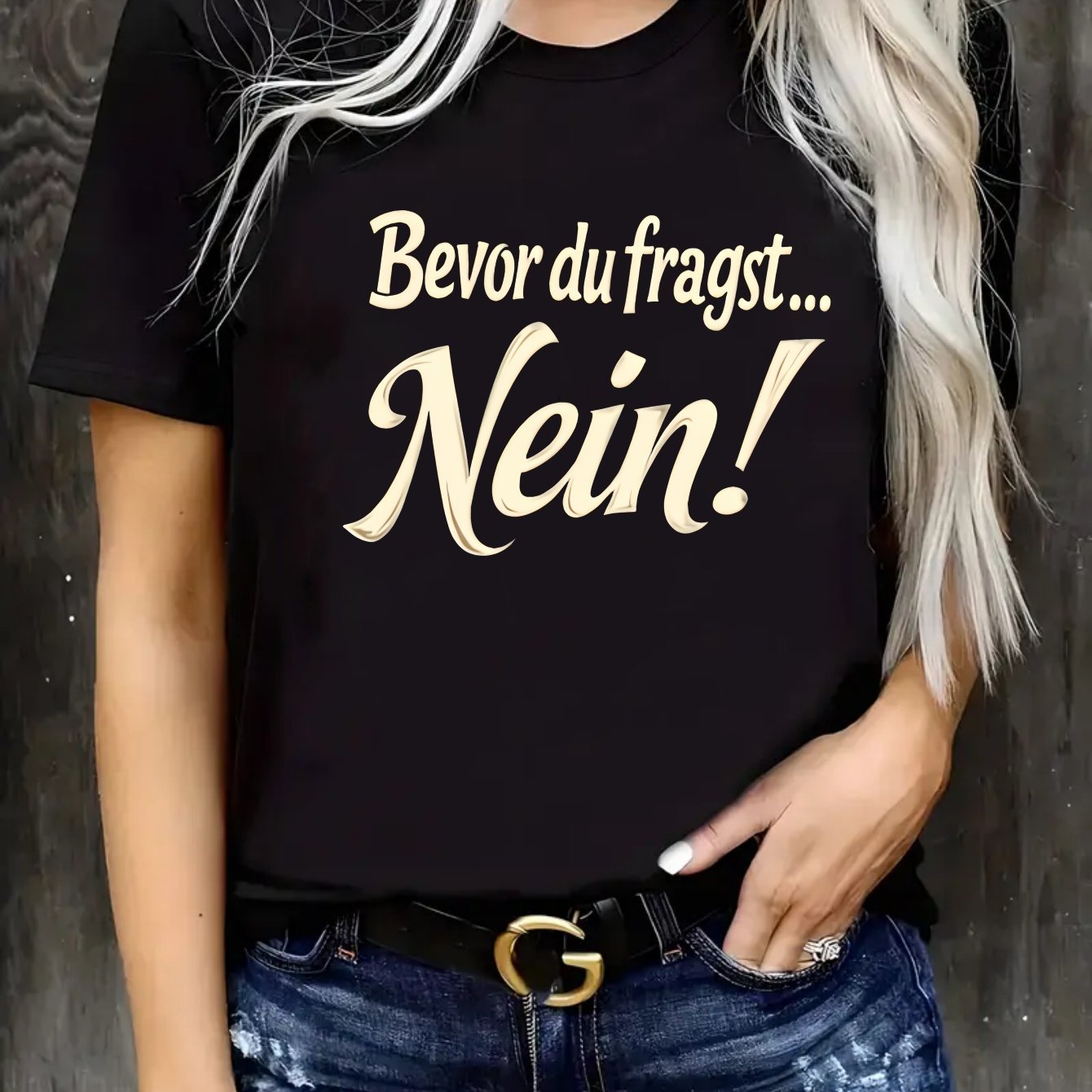 Women' Size Casual Round Neck Short Sleeve T-shirt, Rejection "say No Before " German Slogan Print, Stretch Fabric, Loose Comfortable Spring Summer Clothing