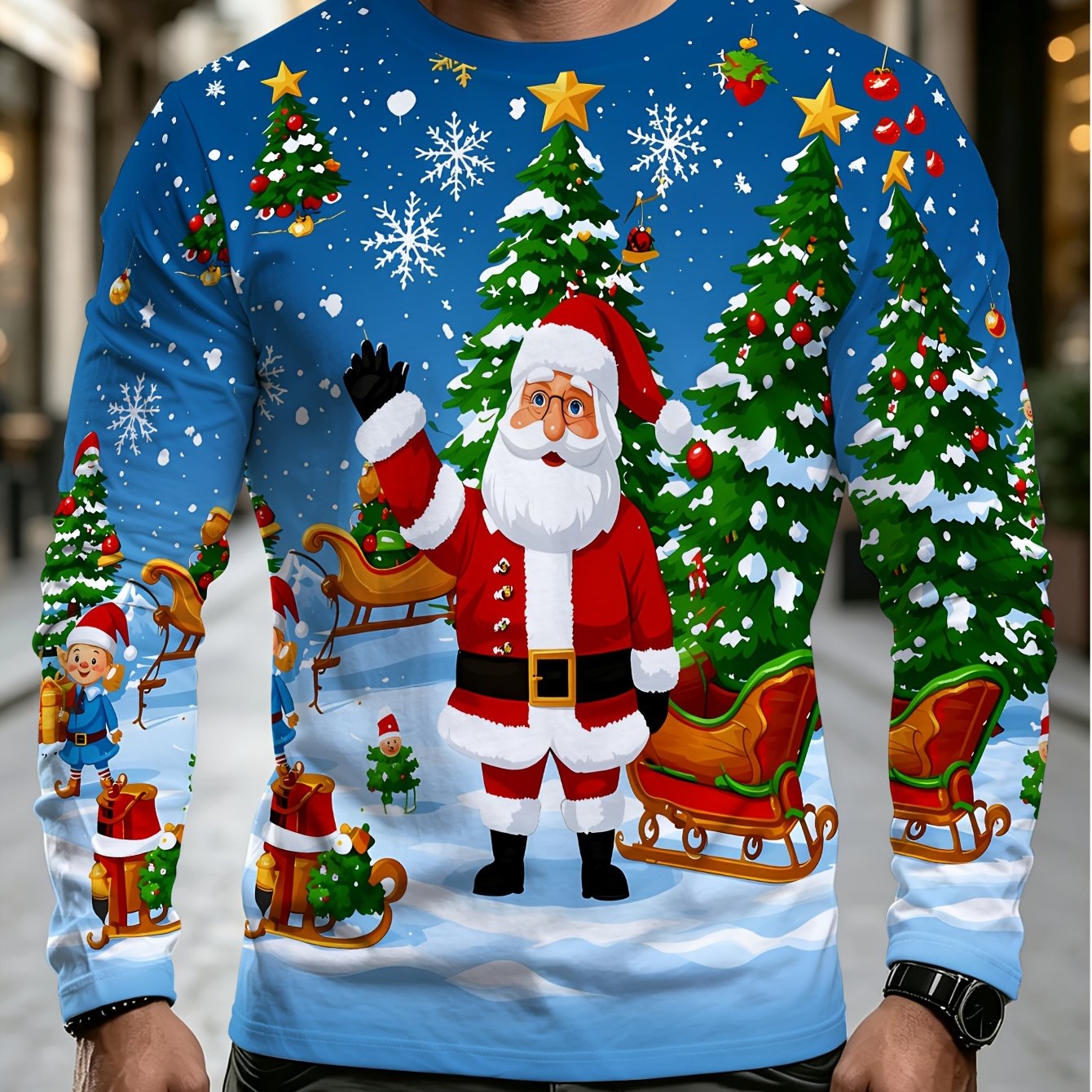 TEMU Men's Christmas Themed Printed Crew Neck Long Sleeve Top With Santa Claus, Sleigh, And Snowman Pattern, Casual And Versatile Holiday Apparel