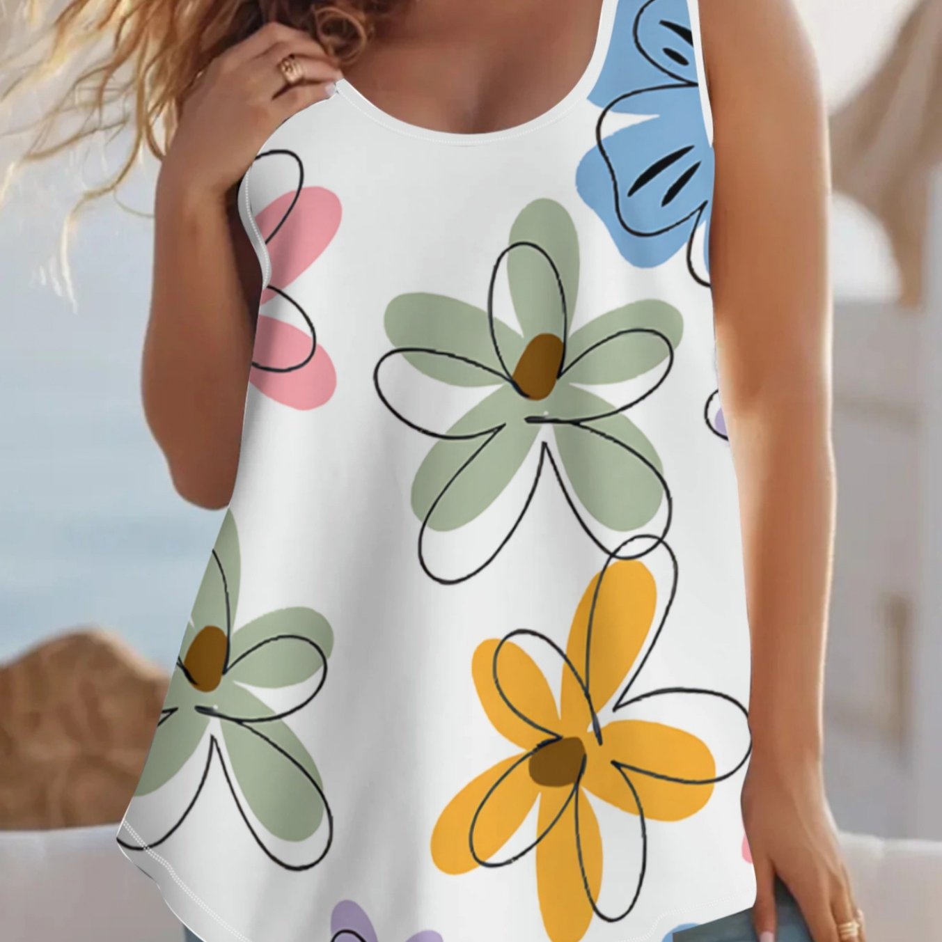 TEMU Plus Size, Plus Size Women's Graffiti Floral Sleeveless Tank Top, Loose Fit To Hide Flesh And Look Slimmer, Fresh And , Versatile Outer Top For