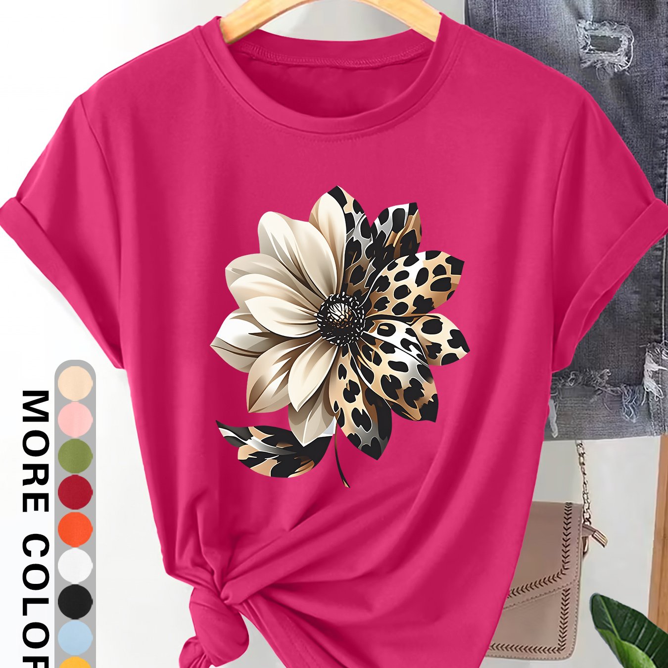 TEMU Women's Plus Size Oversized Short Sleeve T-shirt - Leopard Print & Floral Blouse Style Suitable For Commuting, Vacation, Daily Wear - Soft